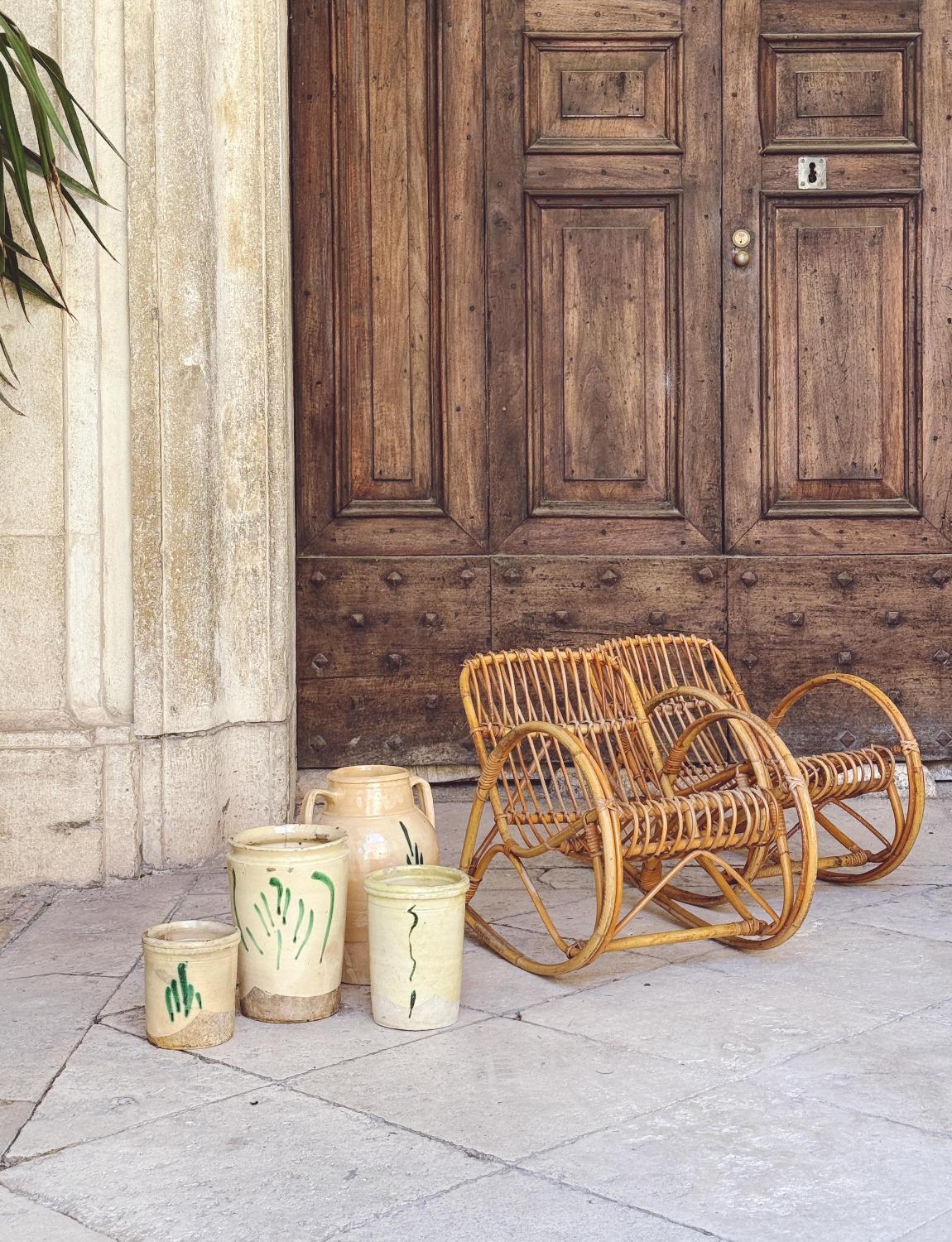 A pair of very small wicker rocking chairs for young children. These adorable small chairs are in great condition and perfect for small children 3yrs- 7yrs old depending on size.