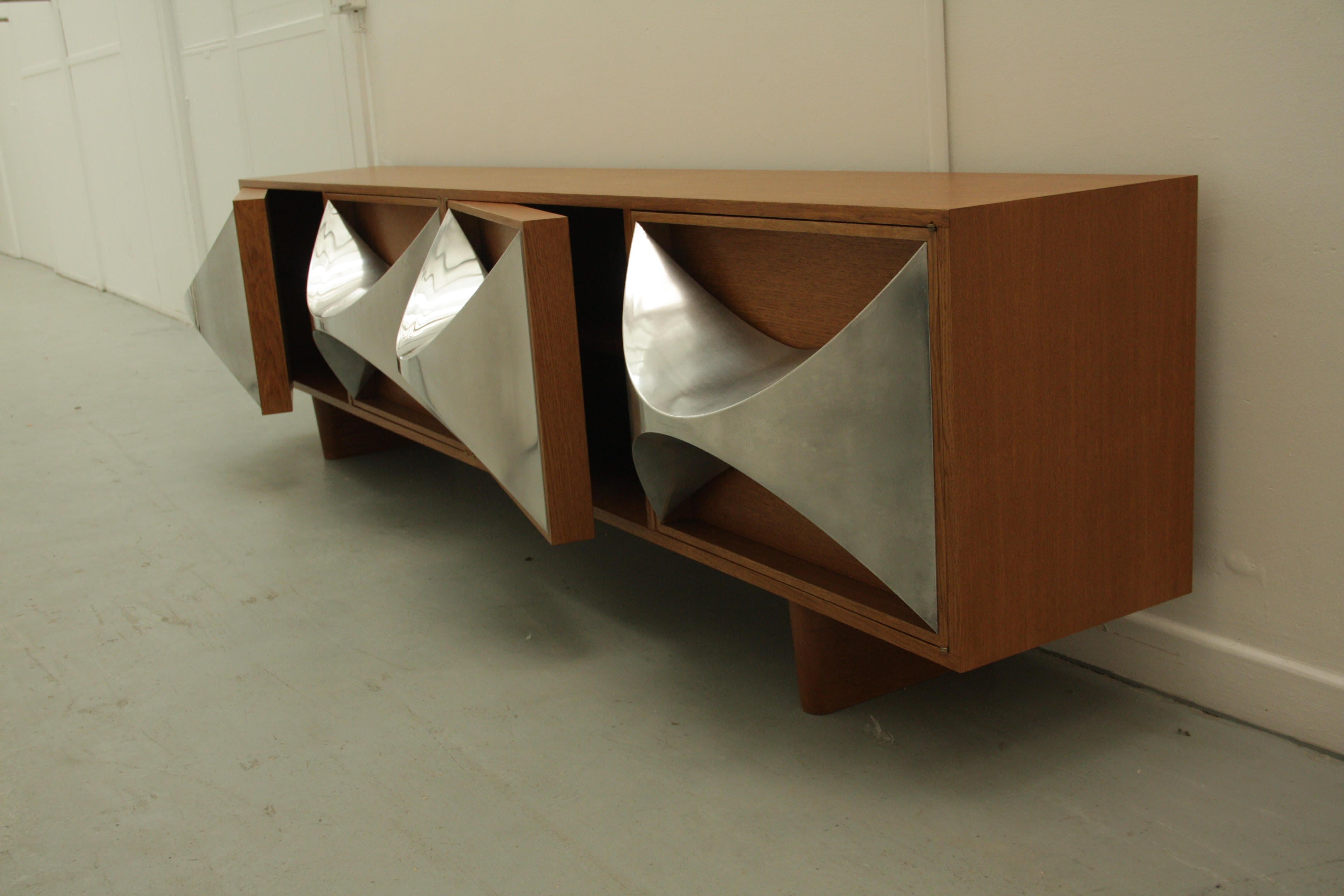 French Pair of 1970s Chrome Accented Walnut Credenzas by Raphael