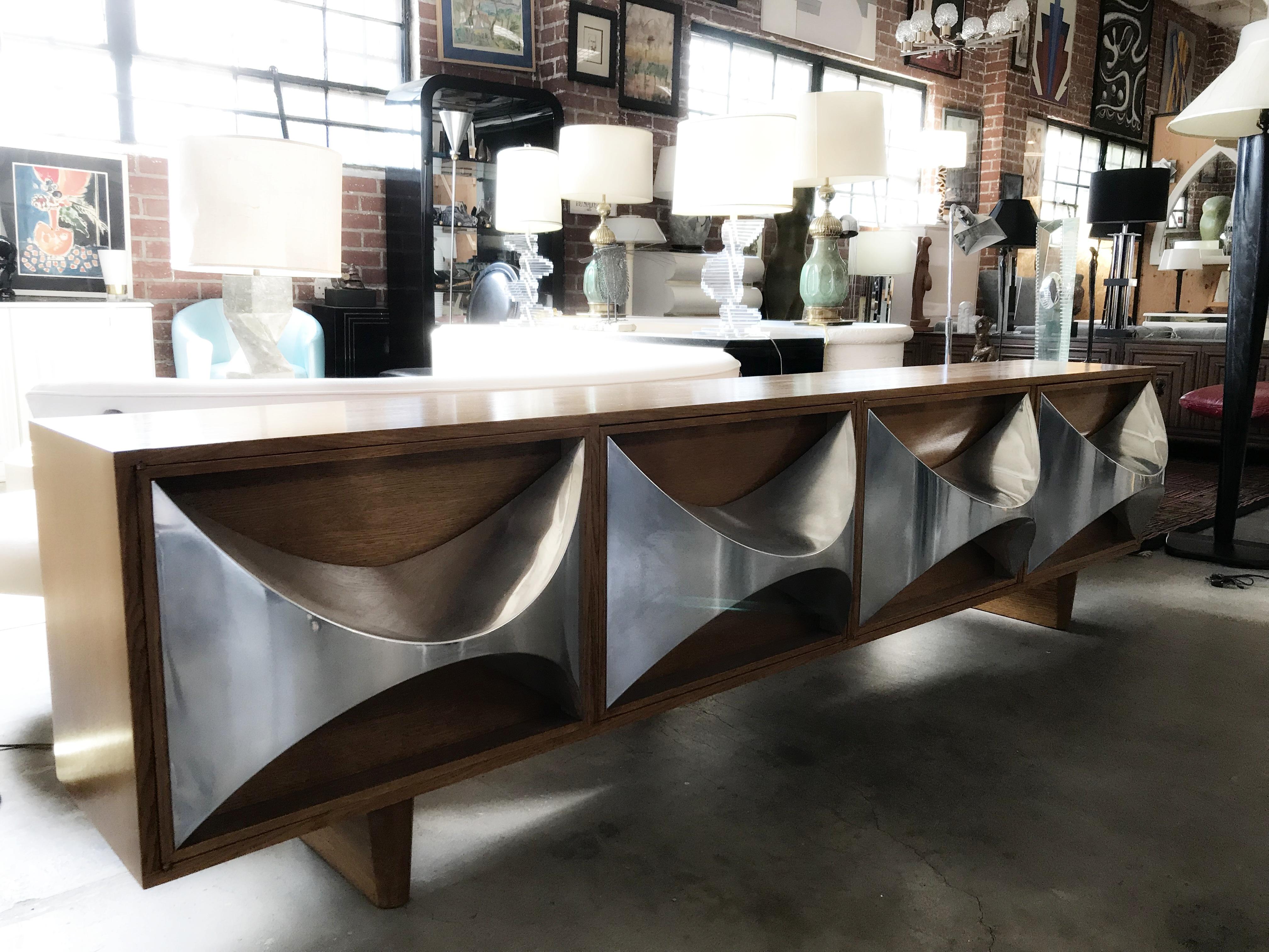 Pair of 1970s Chrome Accented Walnut Credenzas by Raphael In Excellent Condition In Pasadena, CA