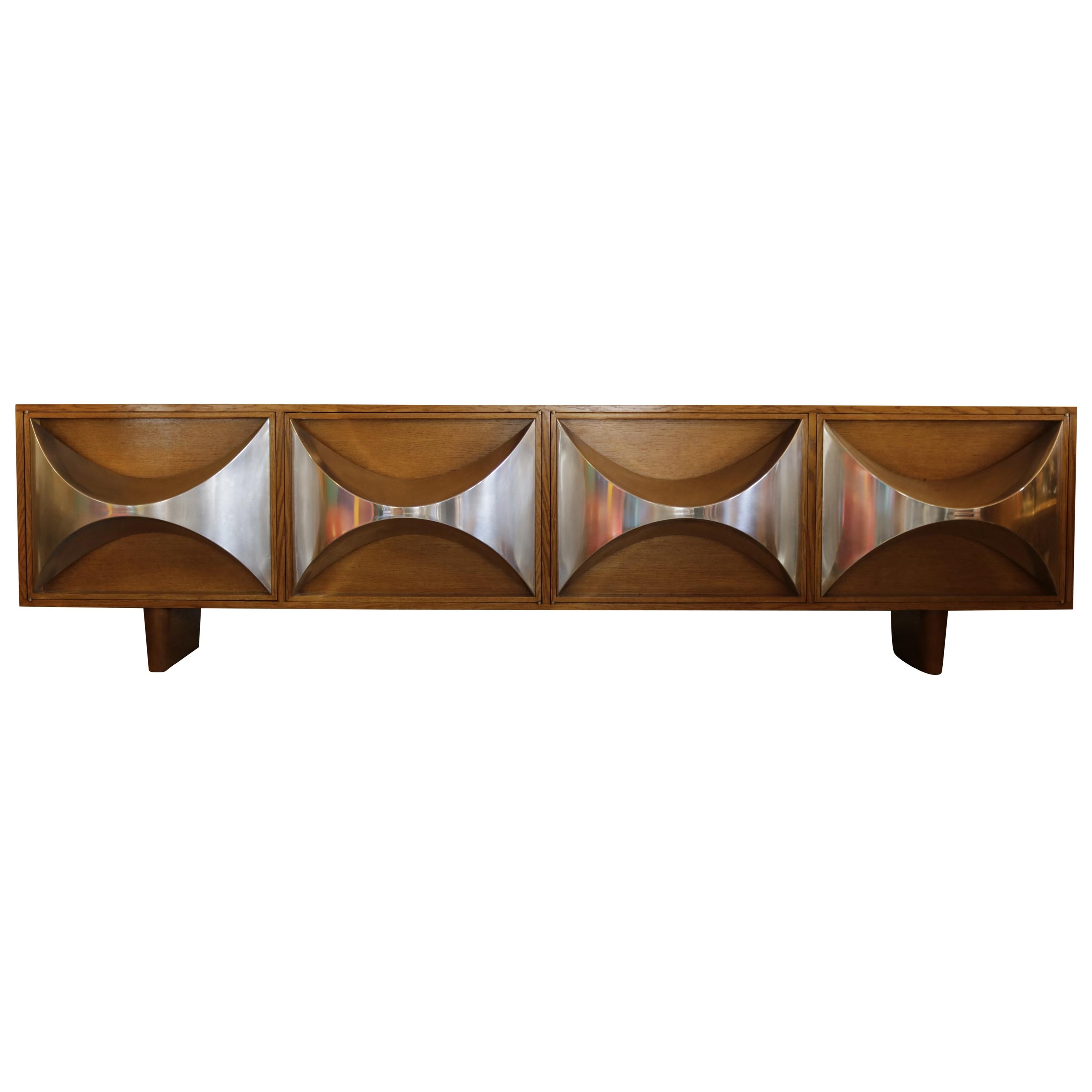 Pair of 1970s Chrome Accented Walnut Credenzas by Raphael