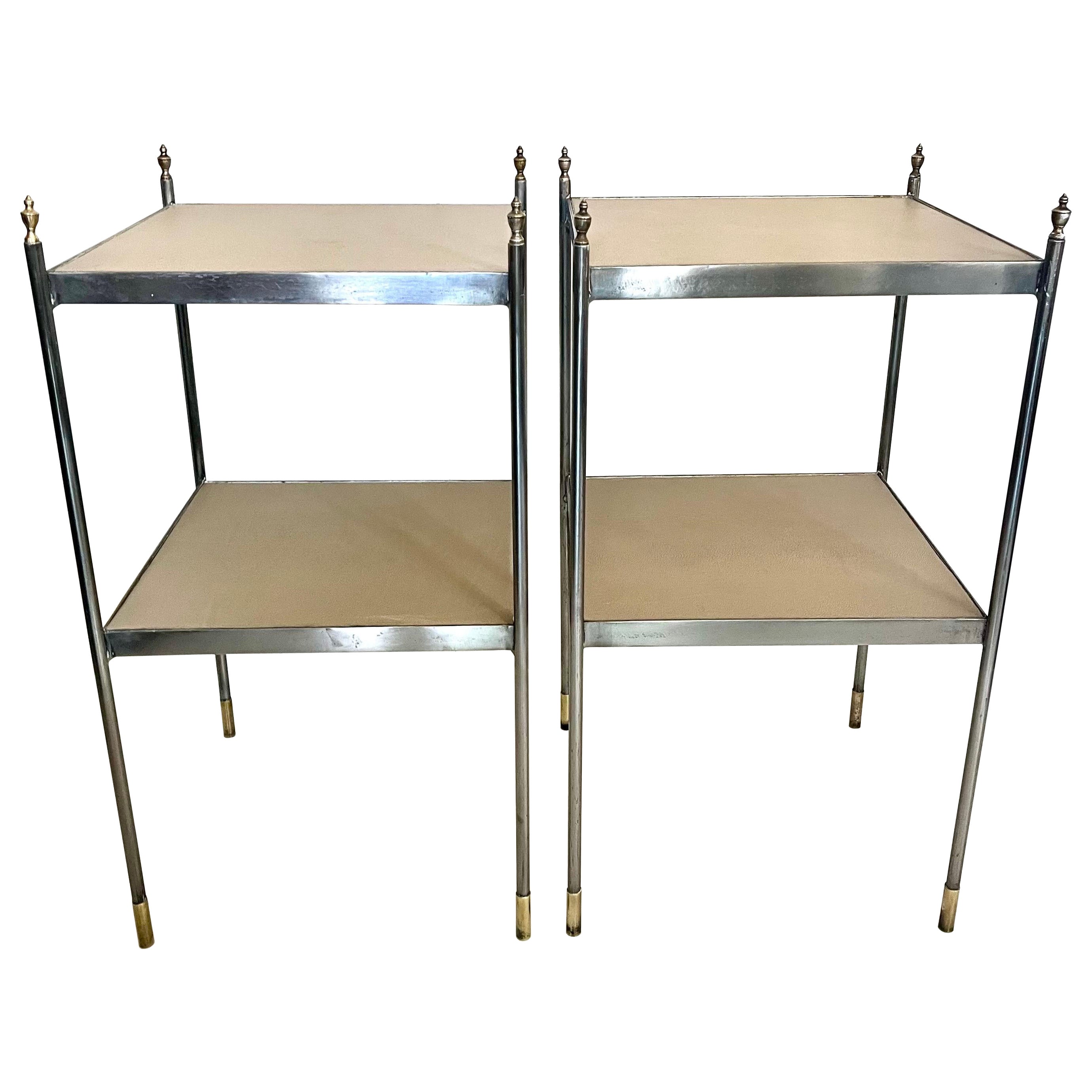 Pair of 1970s Chrome and Brass Leather Jansen Style Side Tables im Angebot