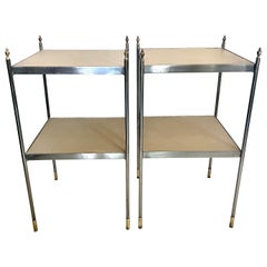 Pair of 1970s Chrome and Brass Leather Jansen Style Side Tables