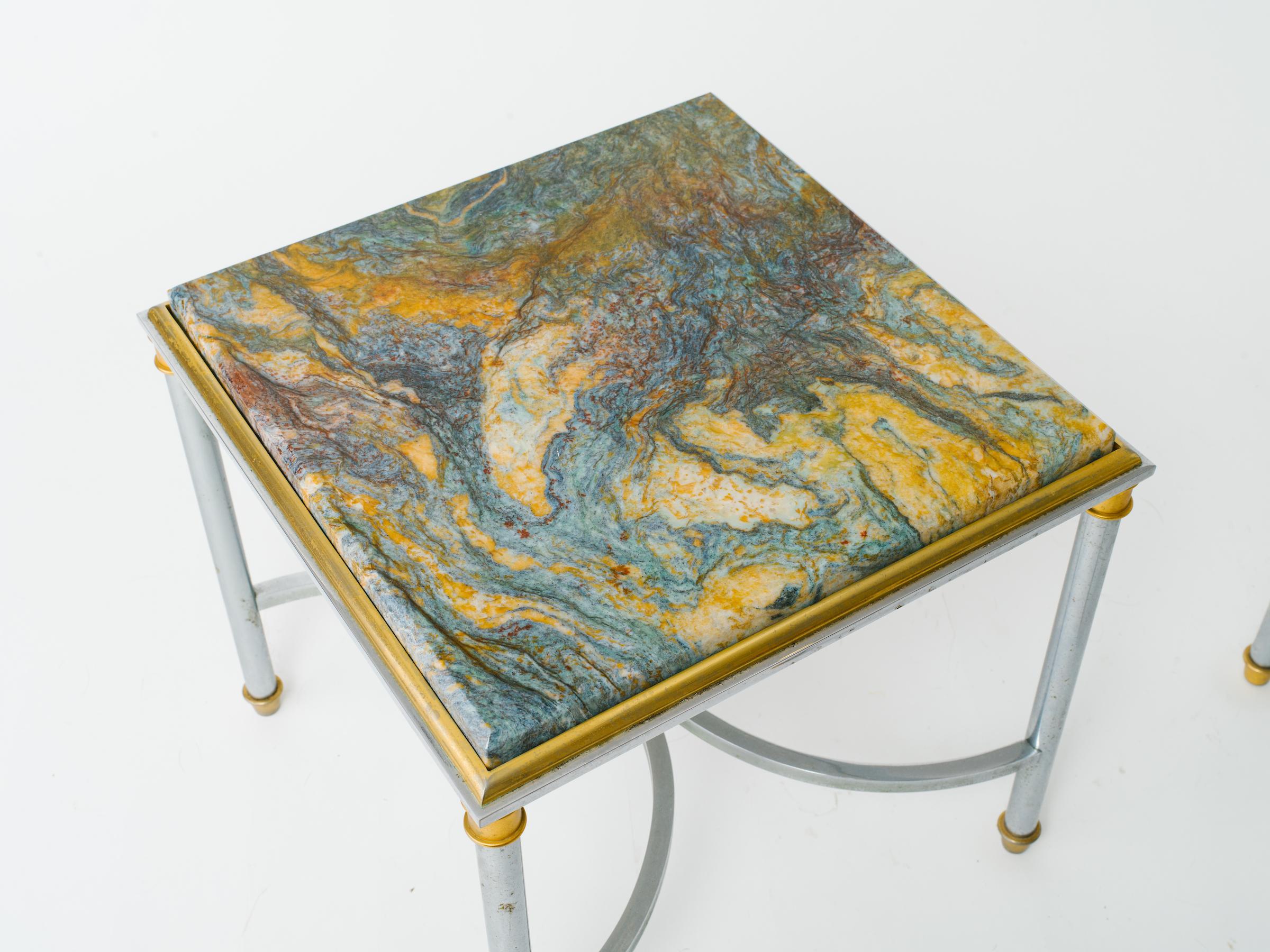 Late 20th Century Pair of 1970s Chrome and Brass Marble-Top Side Tables
