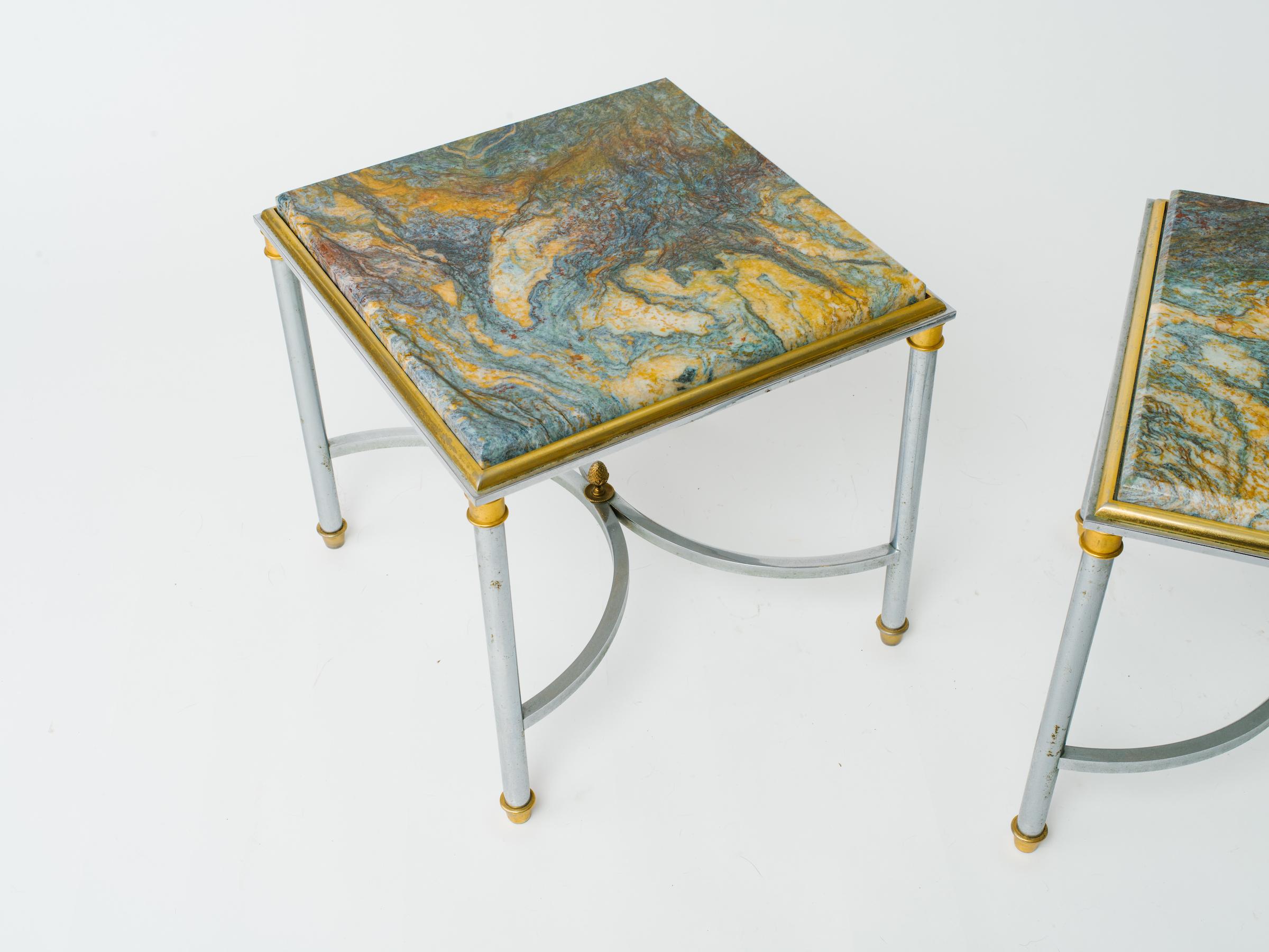 Pair of 1970s Chrome and Brass Marble-Top Side Tables 1