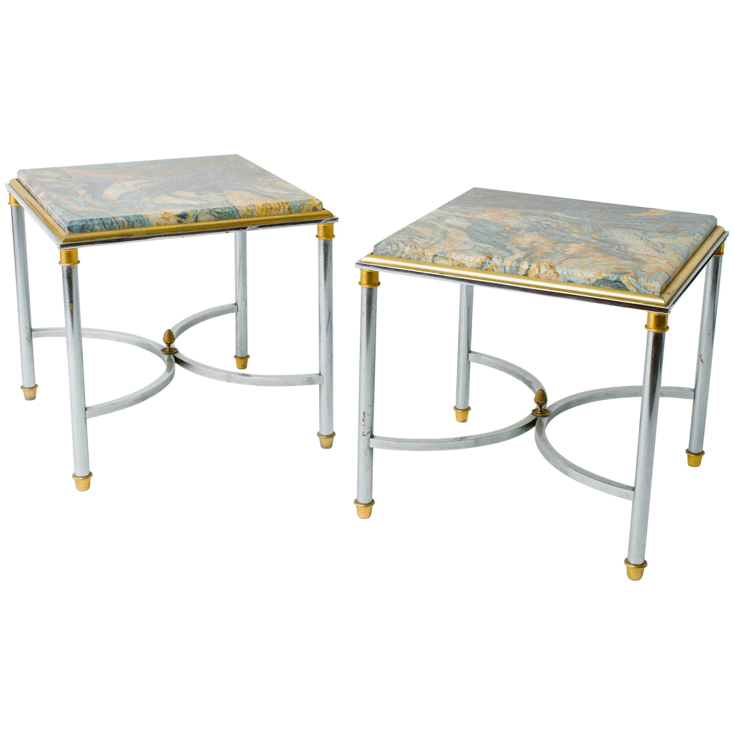 Pair of 1970s Chrome and Brass Marble-Top Side Tables