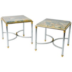 Pair of 1970s Chrome and Brass Marble-Top Side Tables