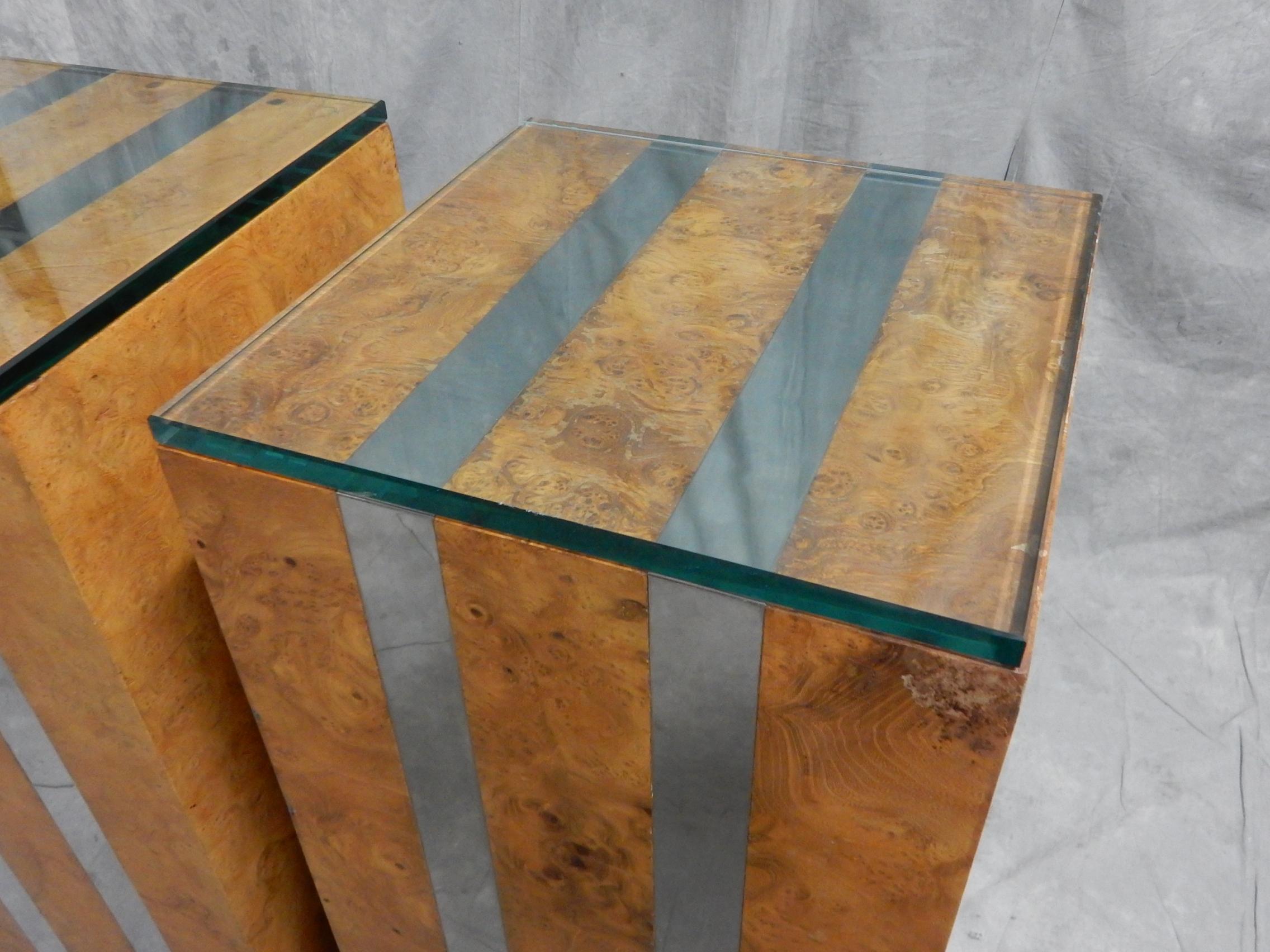 Mid-Century Modern Pair of 1970s Chrome and Olive Burlwood Pedestals For Sale