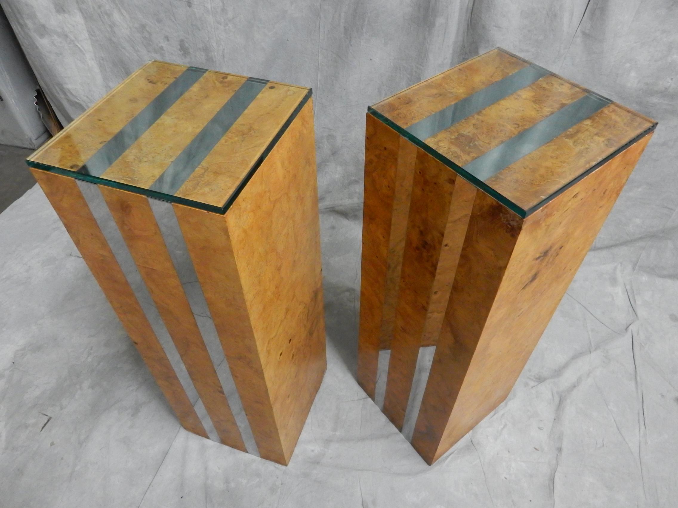 20th Century Pair of 1970s Chrome and Olive Burlwood Pedestals For Sale