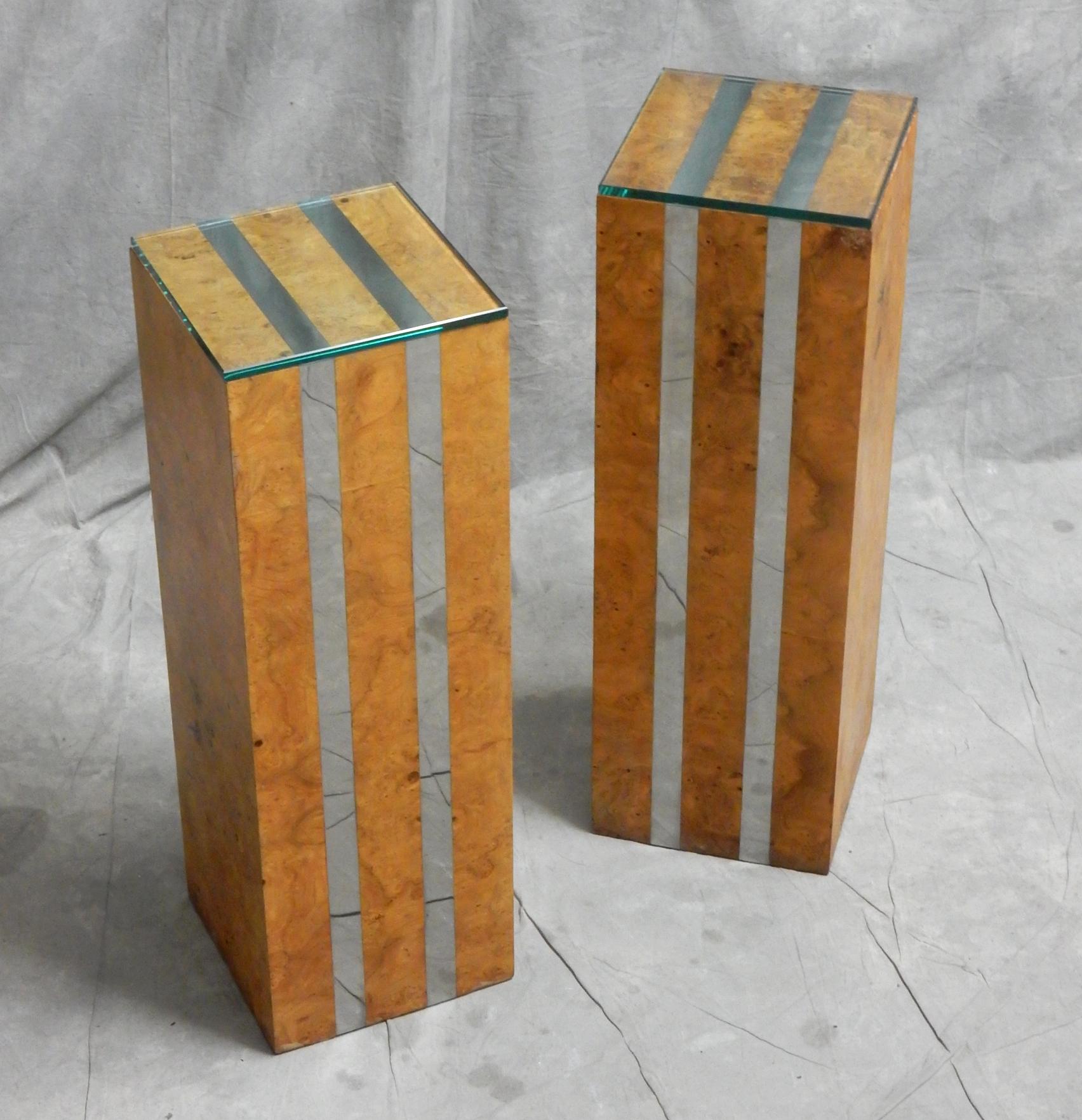 Pair of 1970s Chrome and Olive Burlwood Pedestals For Sale 2