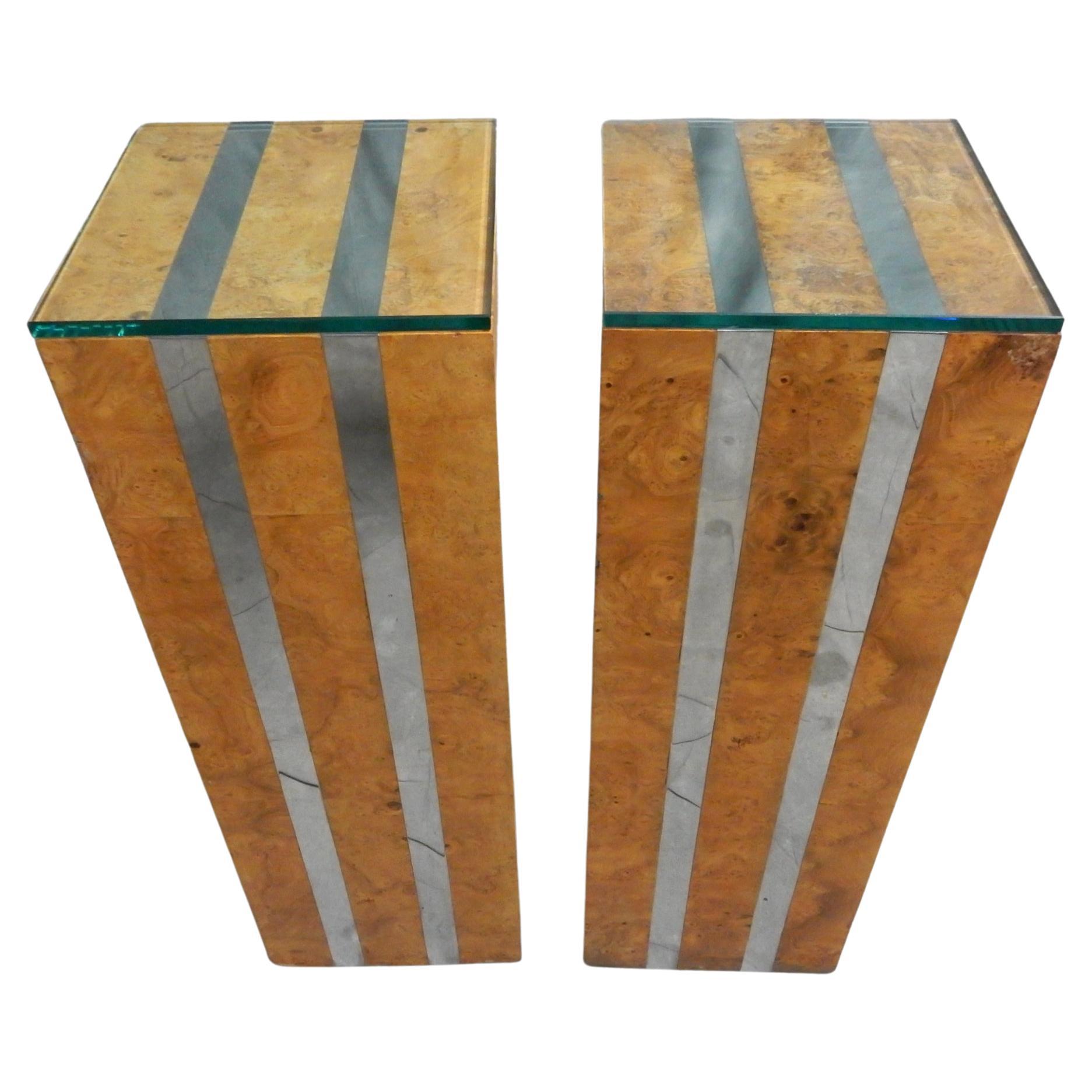 Pair of 1970s Chrome and Olive Burlwood Pedestals For Sale
