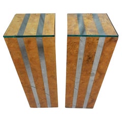 Pair of 1970s Chrome and Olive Burlwood Pedestals