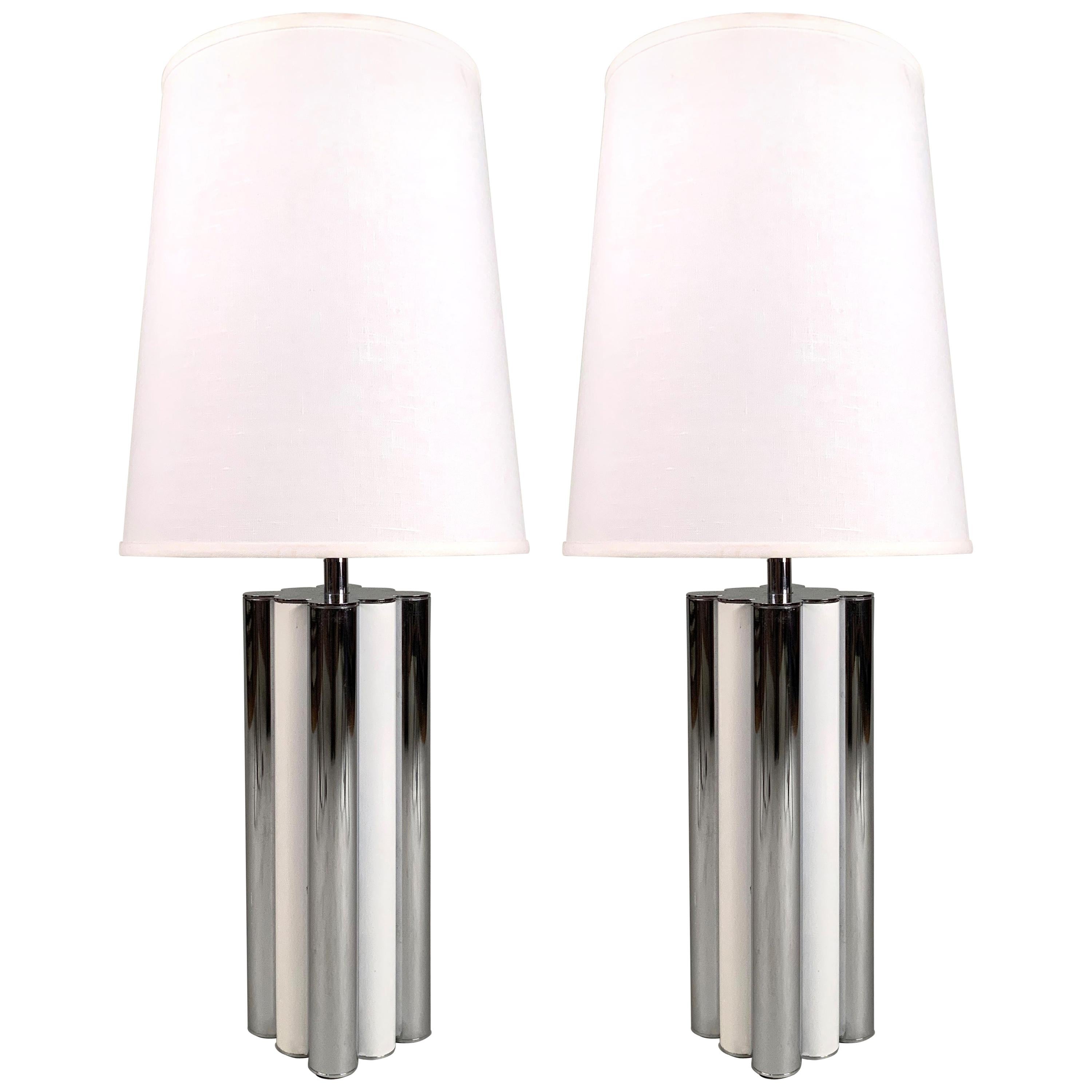 Pair of 1970s Chrome and White Lacquer Tubular Lamps by Mutual Sunset