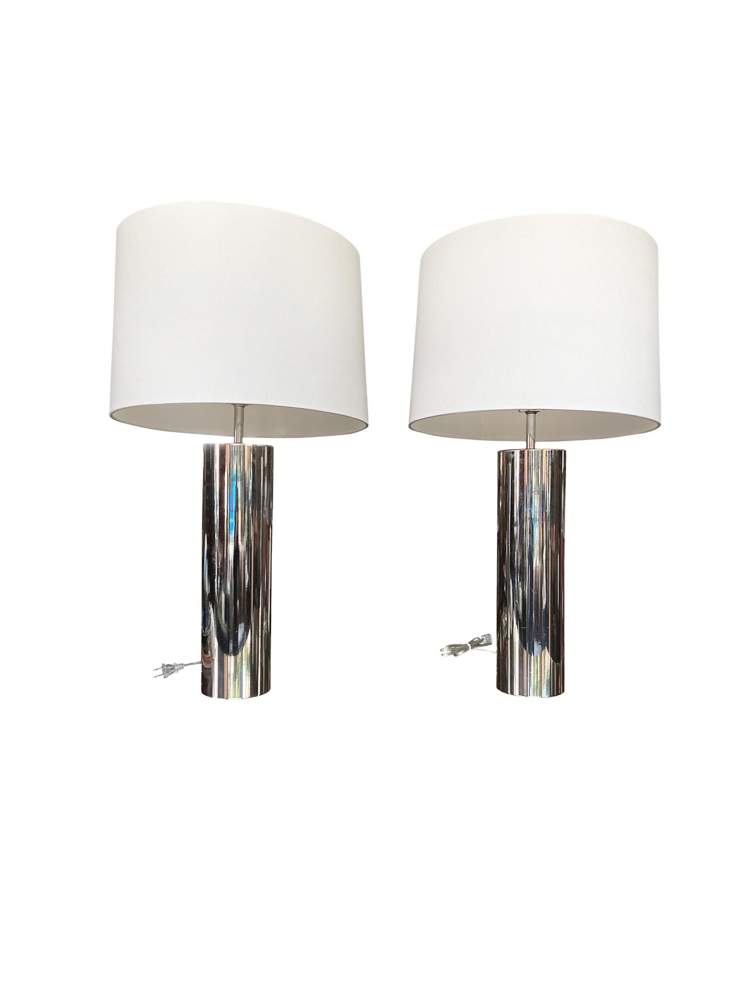 Pair of 1970s Chrome Cylinder Table Lamps Attributed to George Kovacs In Good Condition In New York, NY