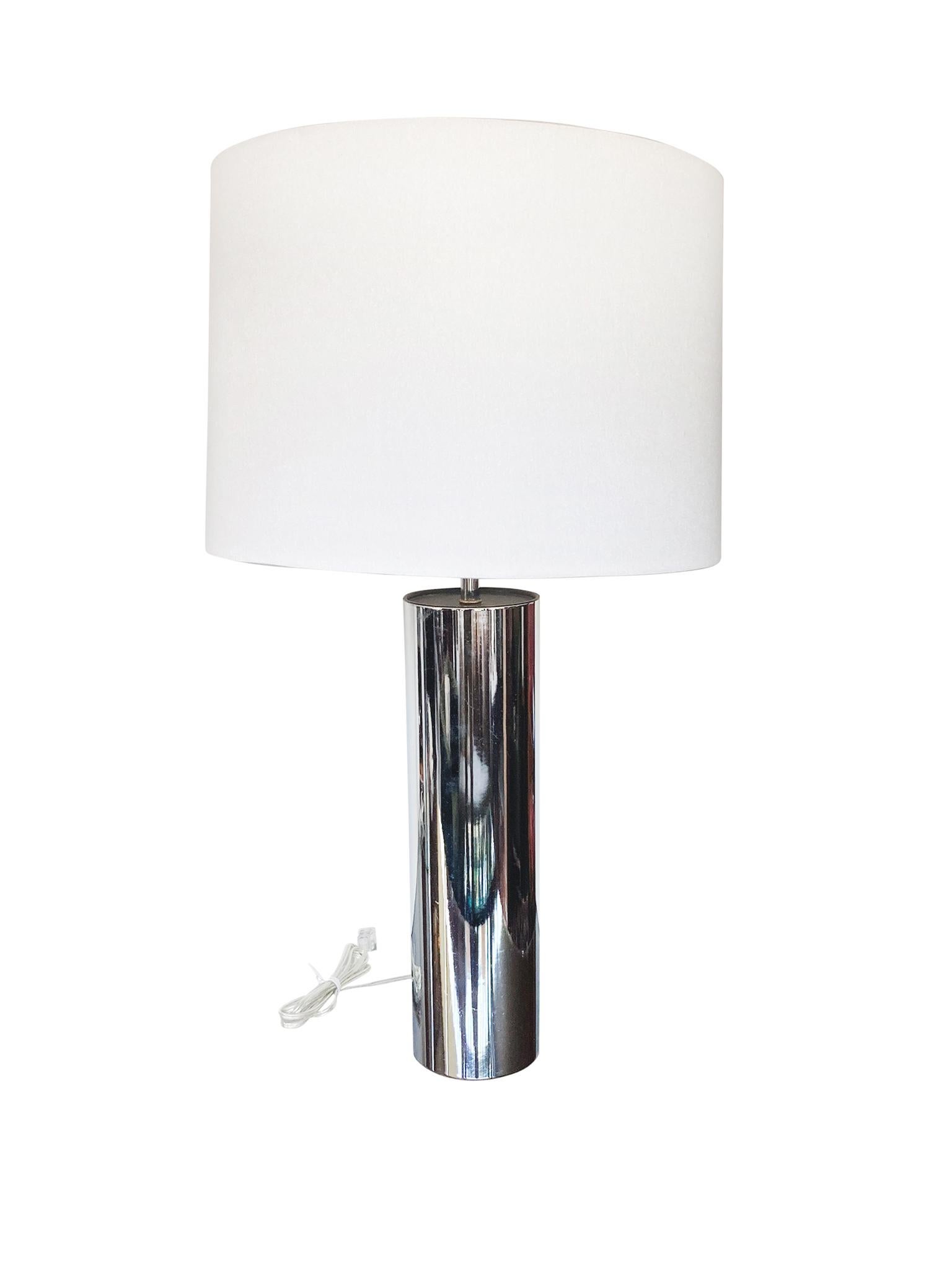 Silk Pair of 1970s Chrome Cylinder Table Lamps Attributed to George Kovacs