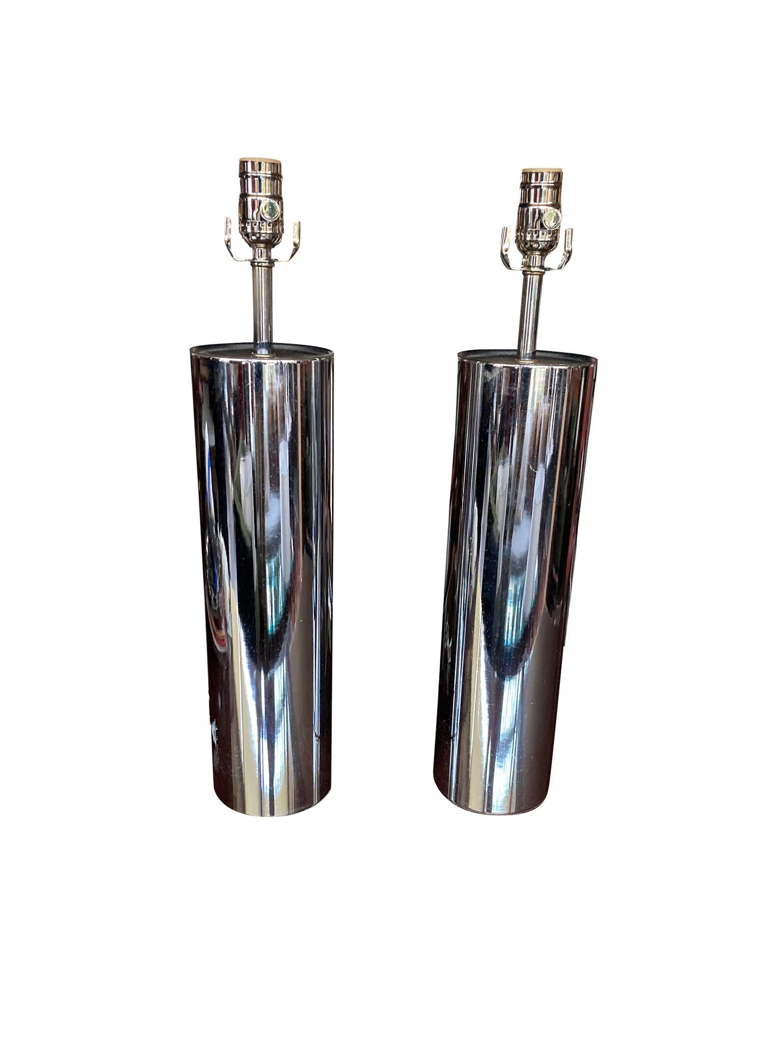 Pair of 1970s Chrome Cylinder Table Lamps Attributed to George Kovacs 1