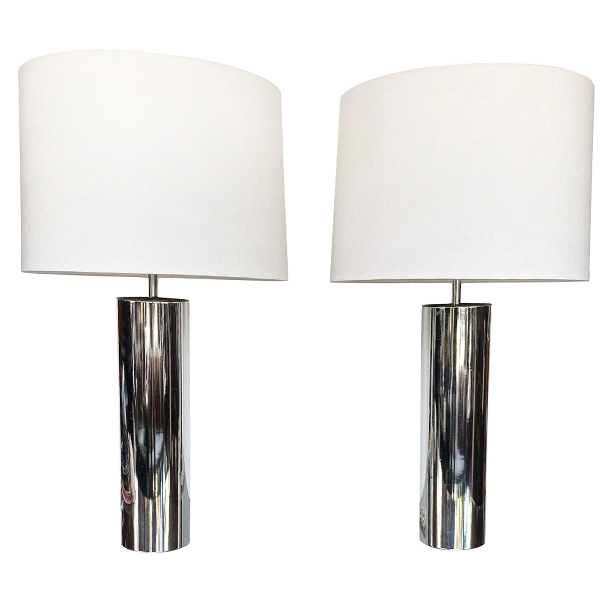 Pair of 1970s Chrome Cylinder Table Lamps Attributed to George Kovacs