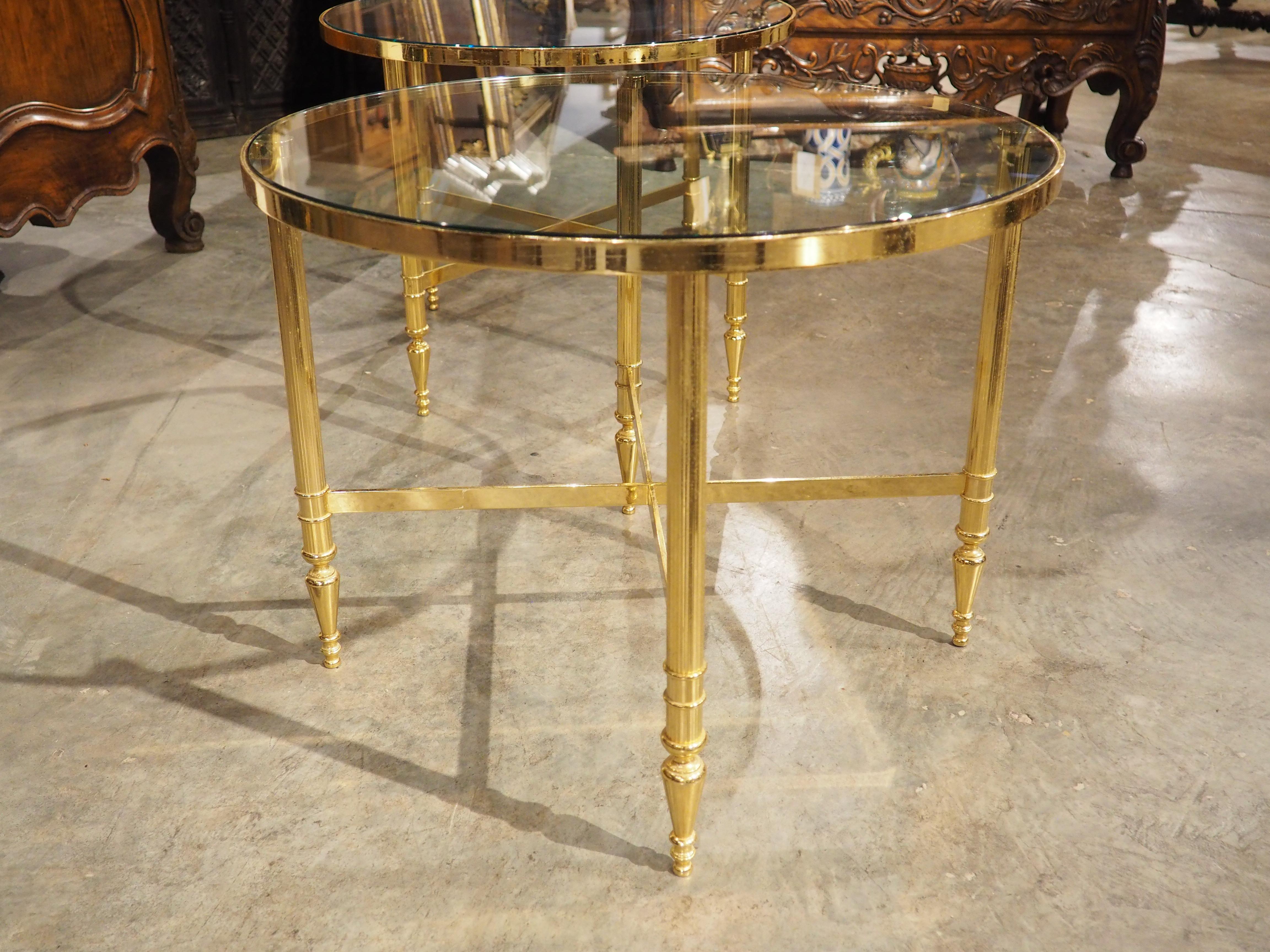 Pair of 1970s Circular French Brass and Glass Side Tables For Sale 12