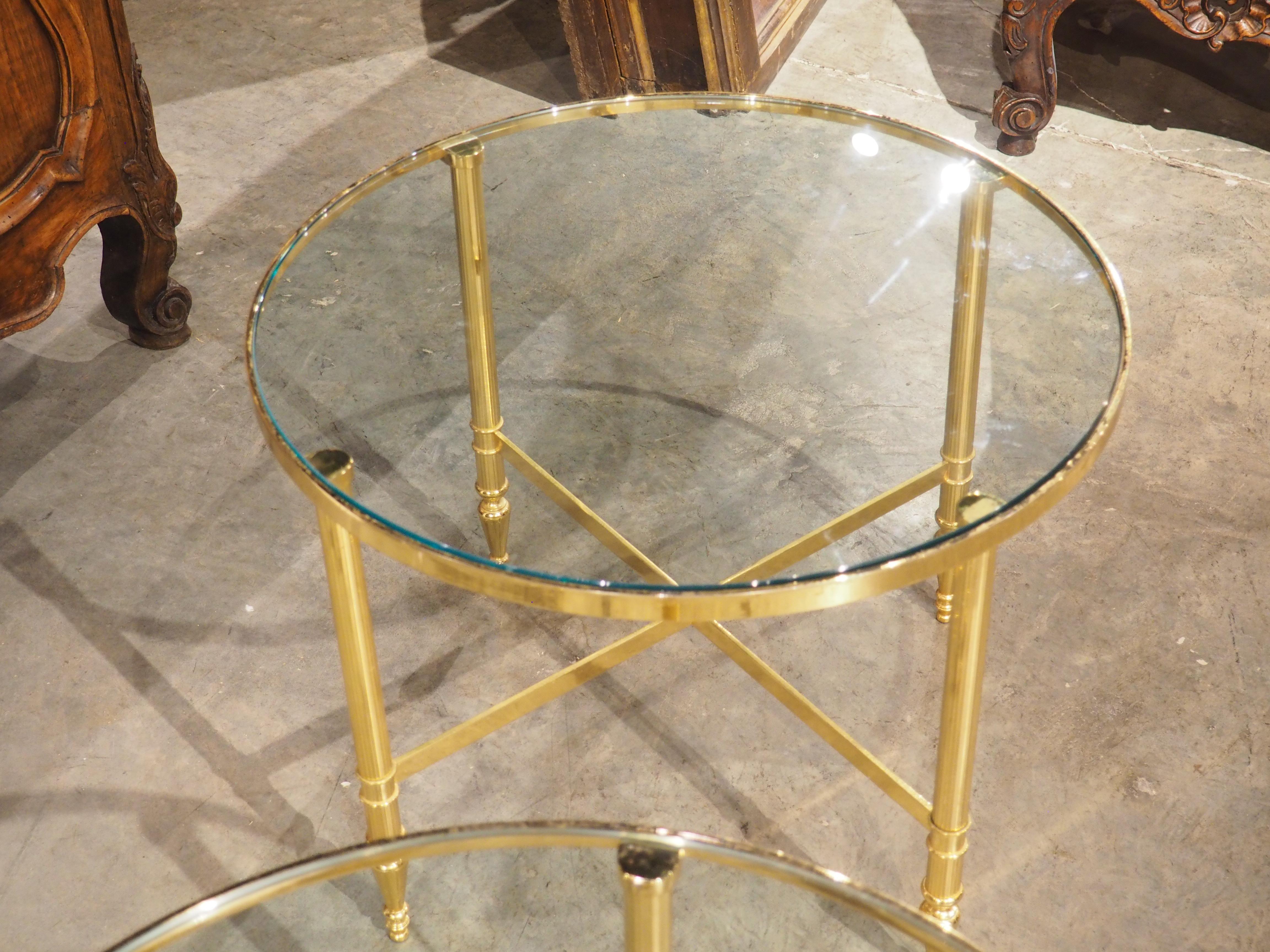 Pair of 1970s Circular French Brass and Glass Side Tables For Sale 14