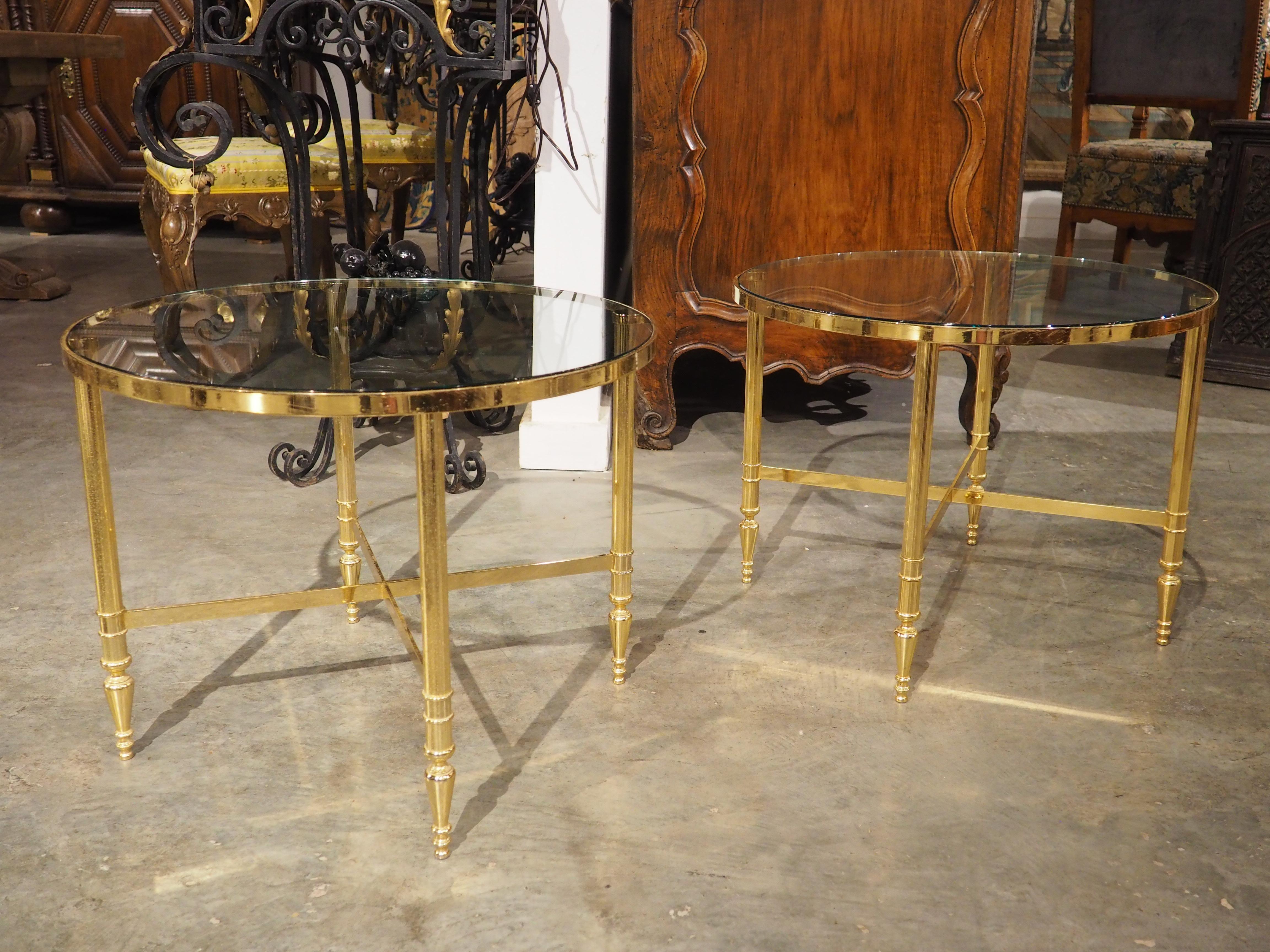 Pair of 1970s Circular French Brass and Glass Side Tables For Sale 15