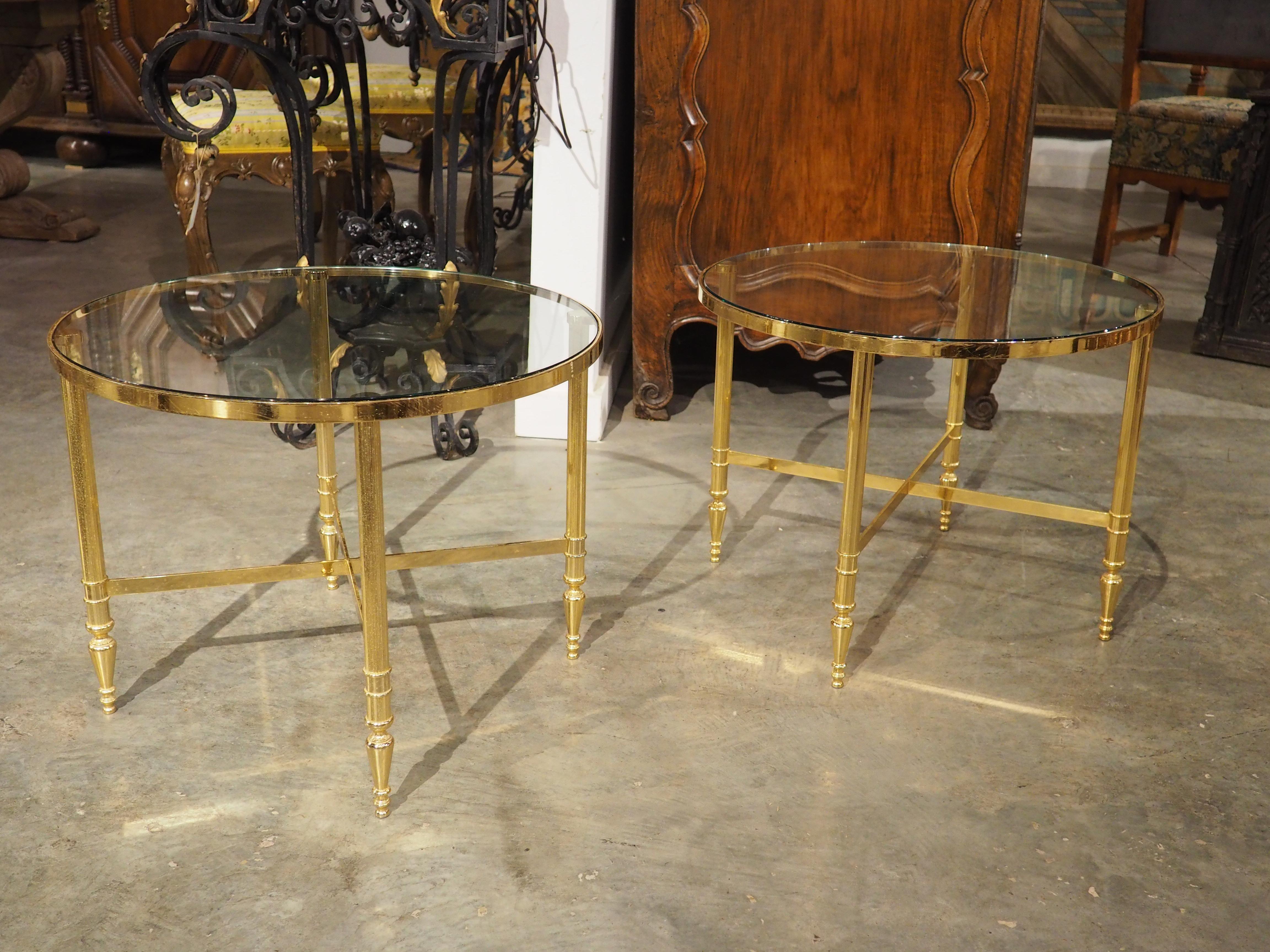 Pair of 1970s Circular French Brass and Glass Side Tables In Good Condition For Sale In Dallas, TX