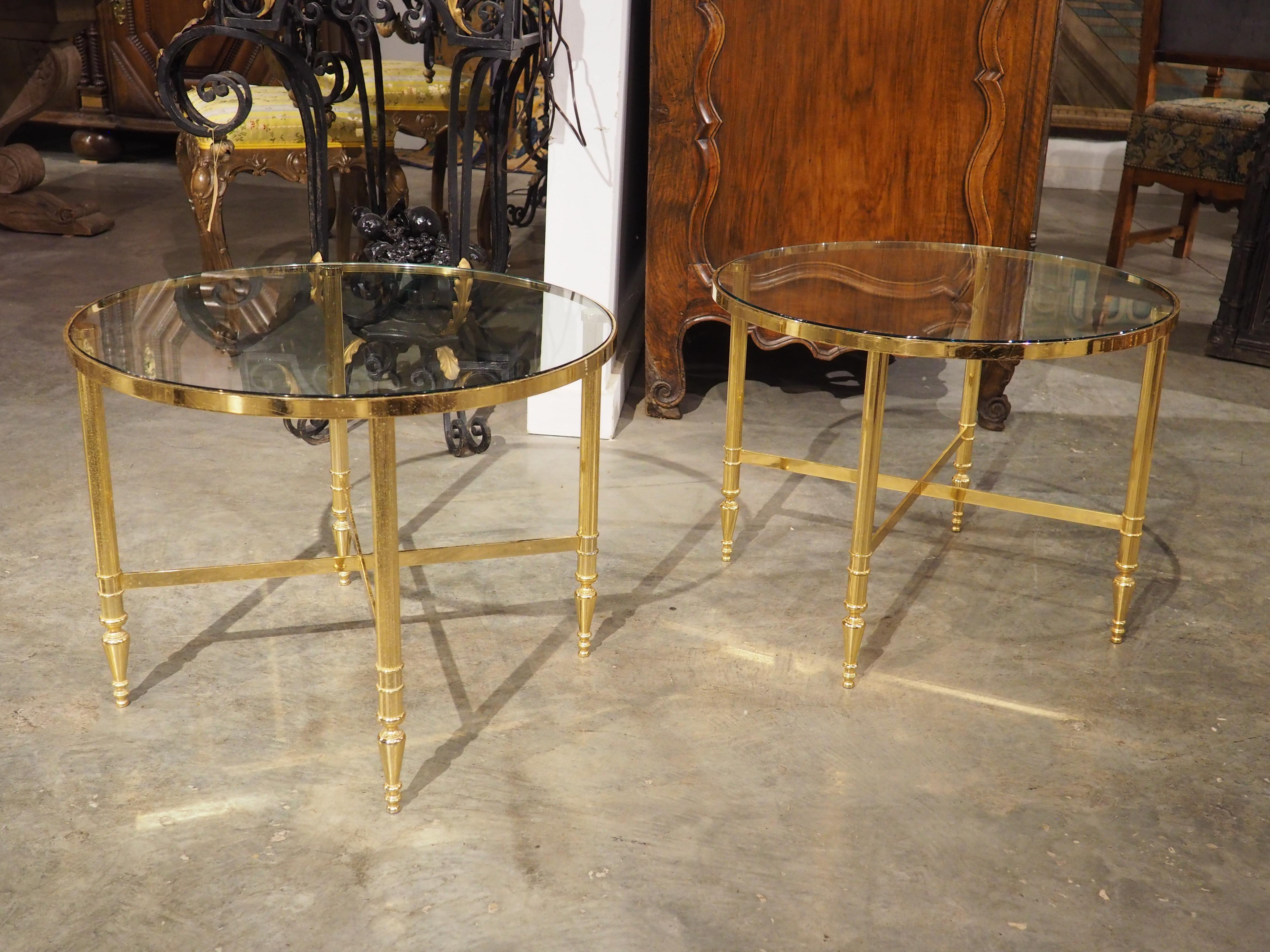 Late 20th Century Pair of 1970s Circular French Brass and Glass Side Tables For Sale
