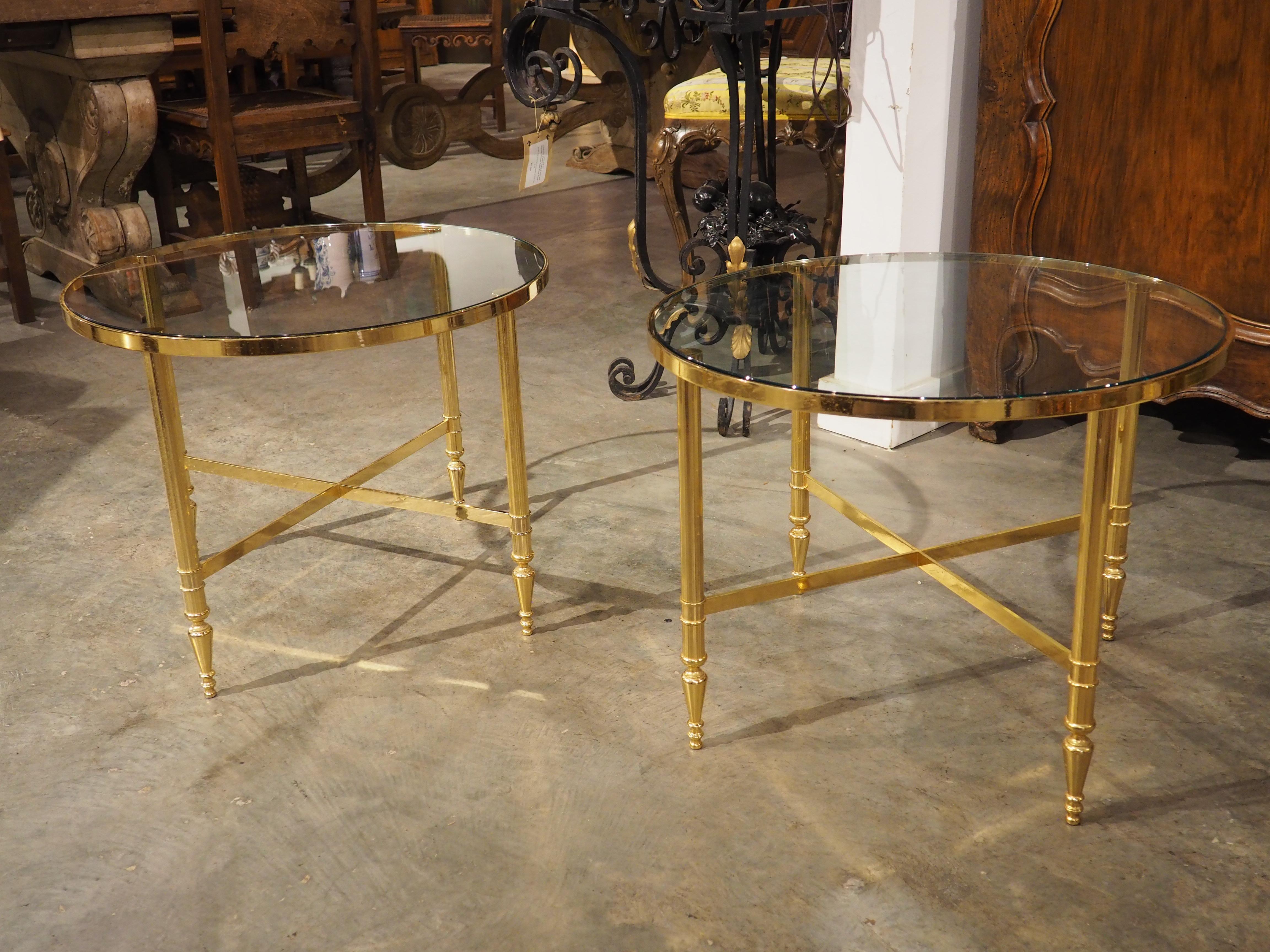 Metal Pair of 1970s Circular French Brass and Glass Side Tables For Sale