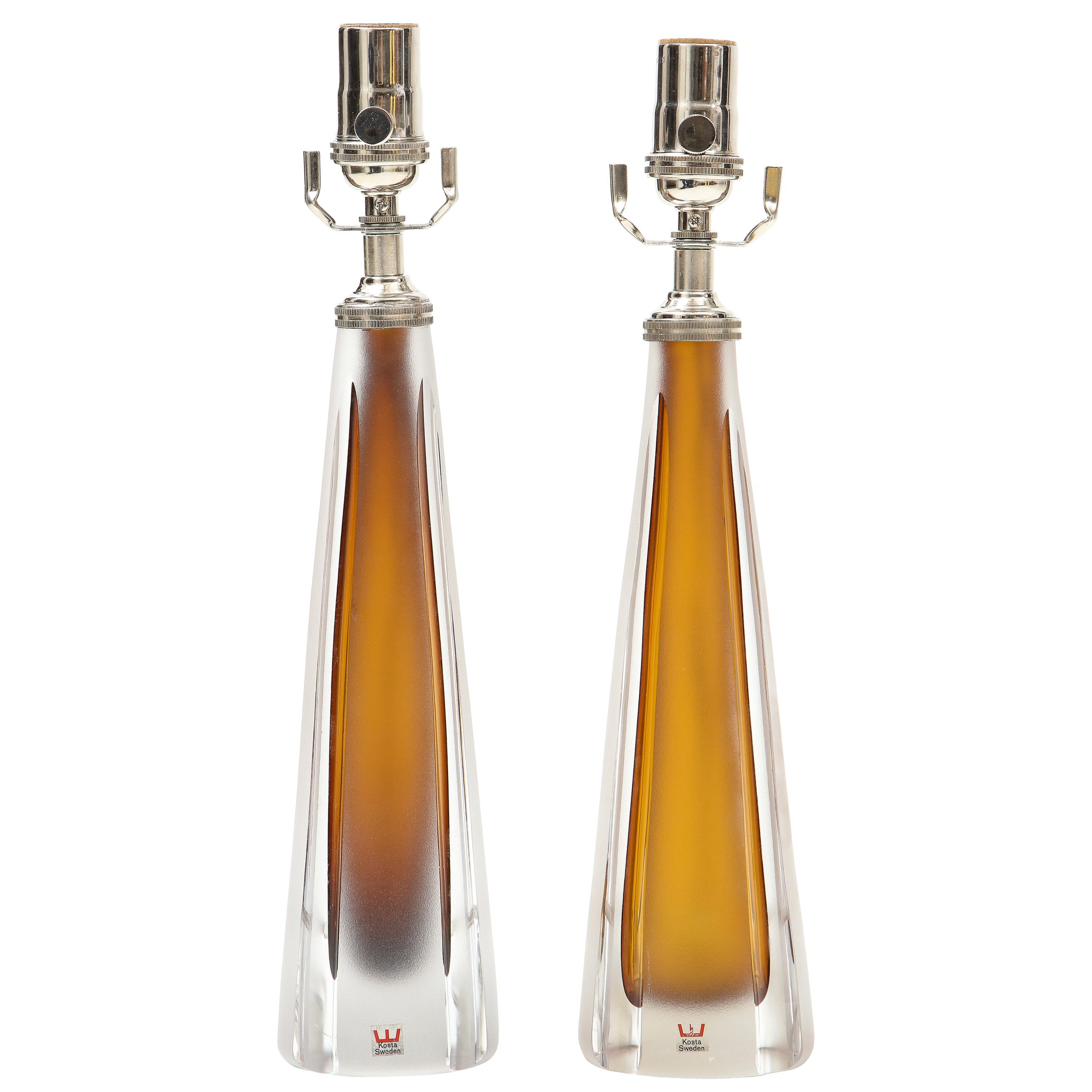 Pair of 1970's Cognac Colored Glass Lamps by Vicke Lindstrand, Kosta For Sale