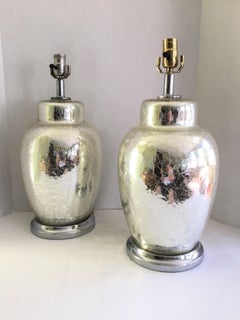 Pair of 1970s Crackled Mercury Glass Lamps On Chrome Base