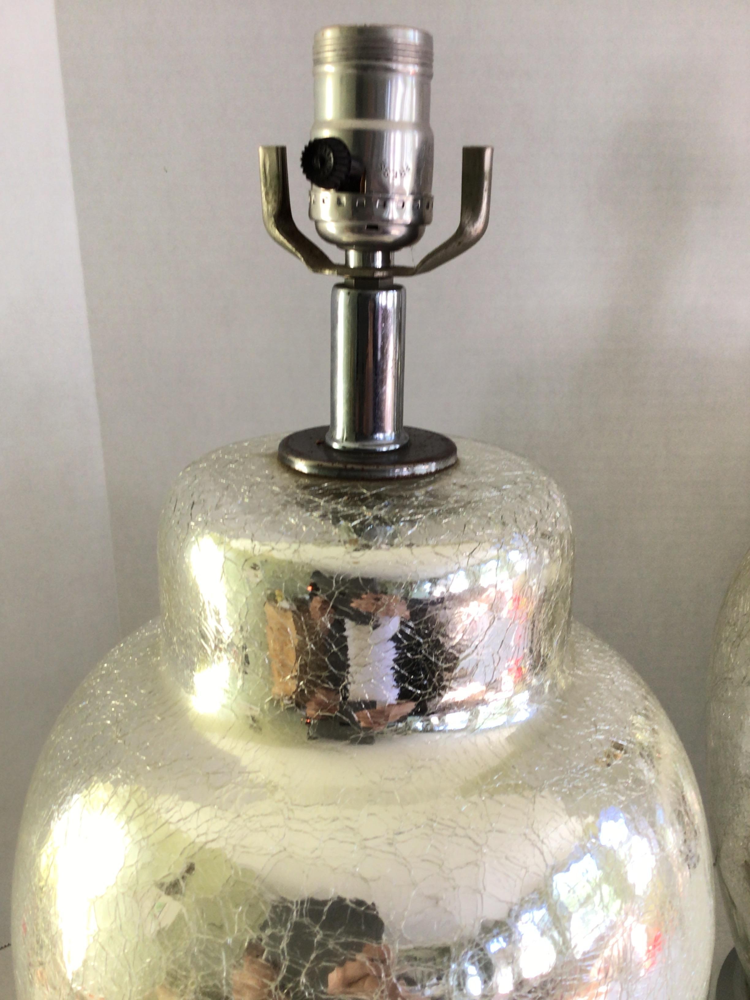 Late 20th Century Pair of 1970s Crackled Mercury Glass Lamps On Chrome Base For Sale