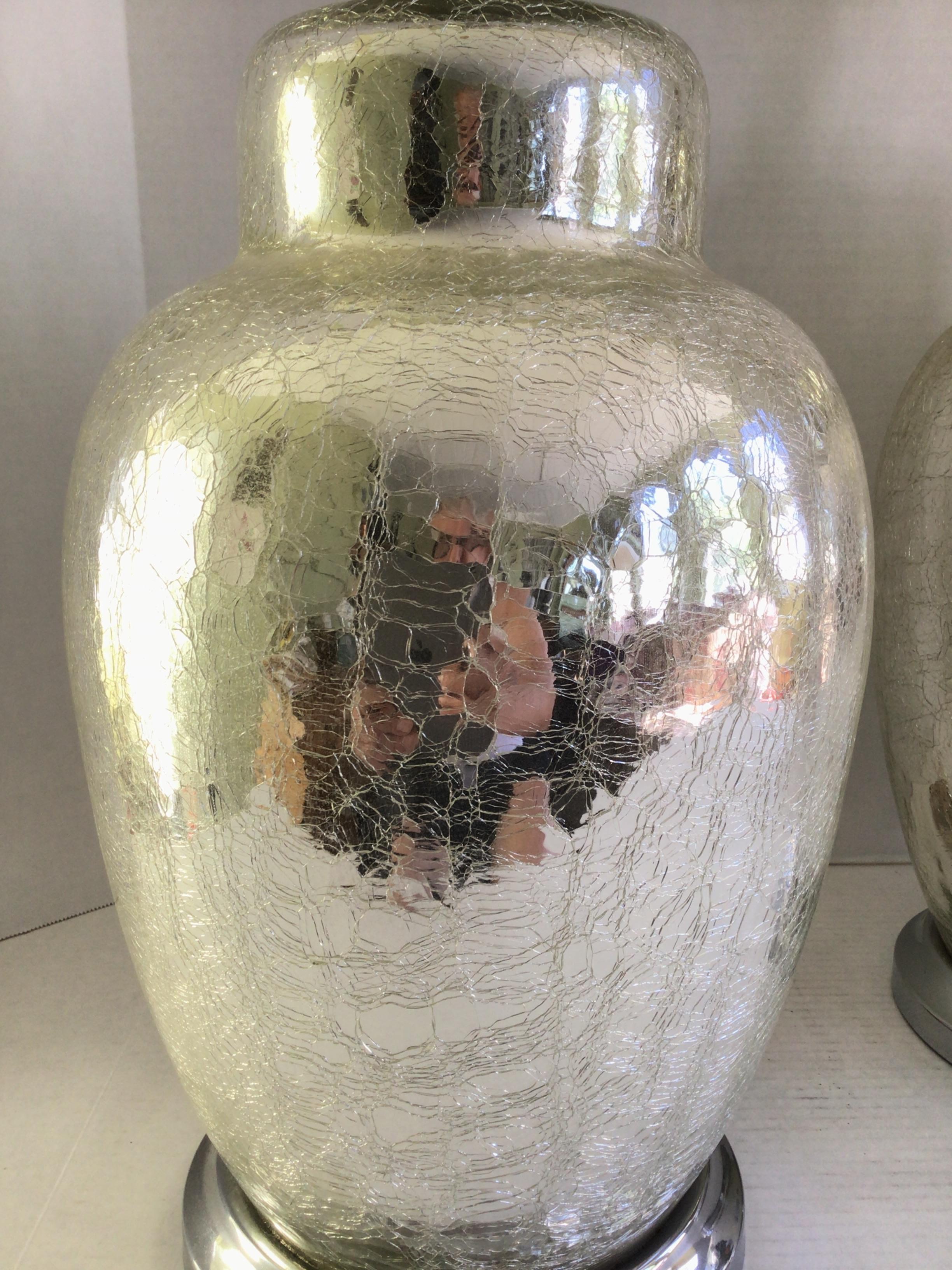 Pair of 1970s Crackled Mercury Glass Lamps On Chrome Base For Sale 1