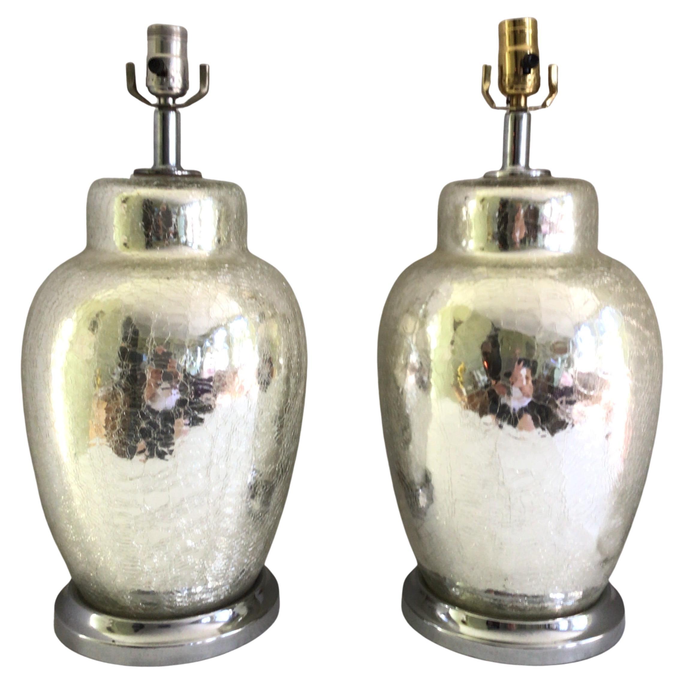 Pair of 1970s Crackled Mercury Glass Lamps On Chrome Base