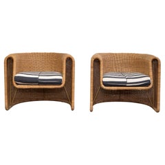 Pair of 1970s Curved Rattan Lounge Chairs by Founders