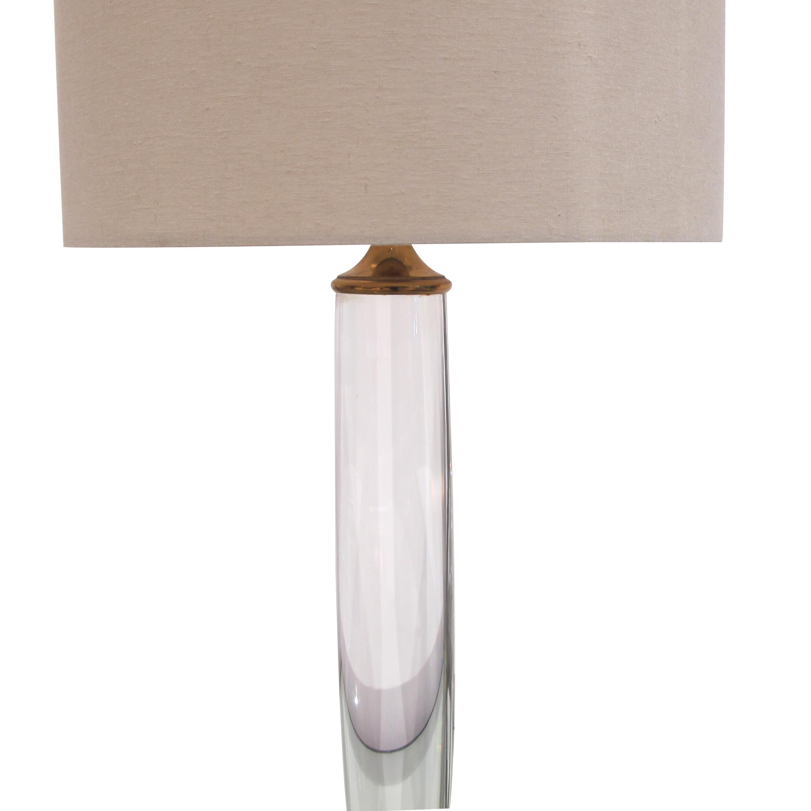 Mid-Century Modern Pair of 1970s Cylindrical Italian Lucite And Brass Square Base Table Lamps