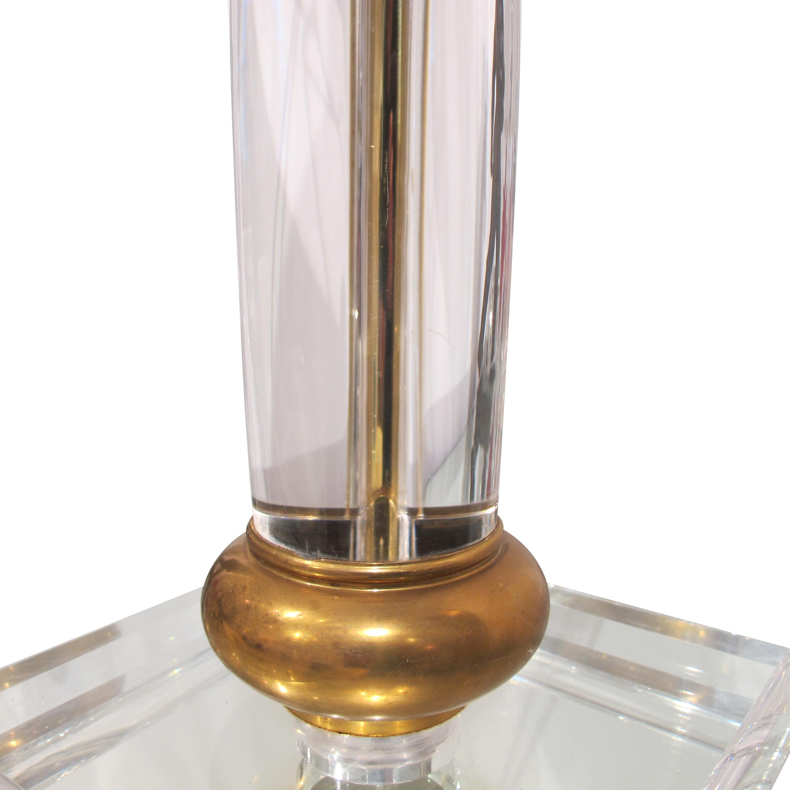 Other Pair of 1970s Cylindrical Italian Lucite And Brass Square Base Table Lamps
