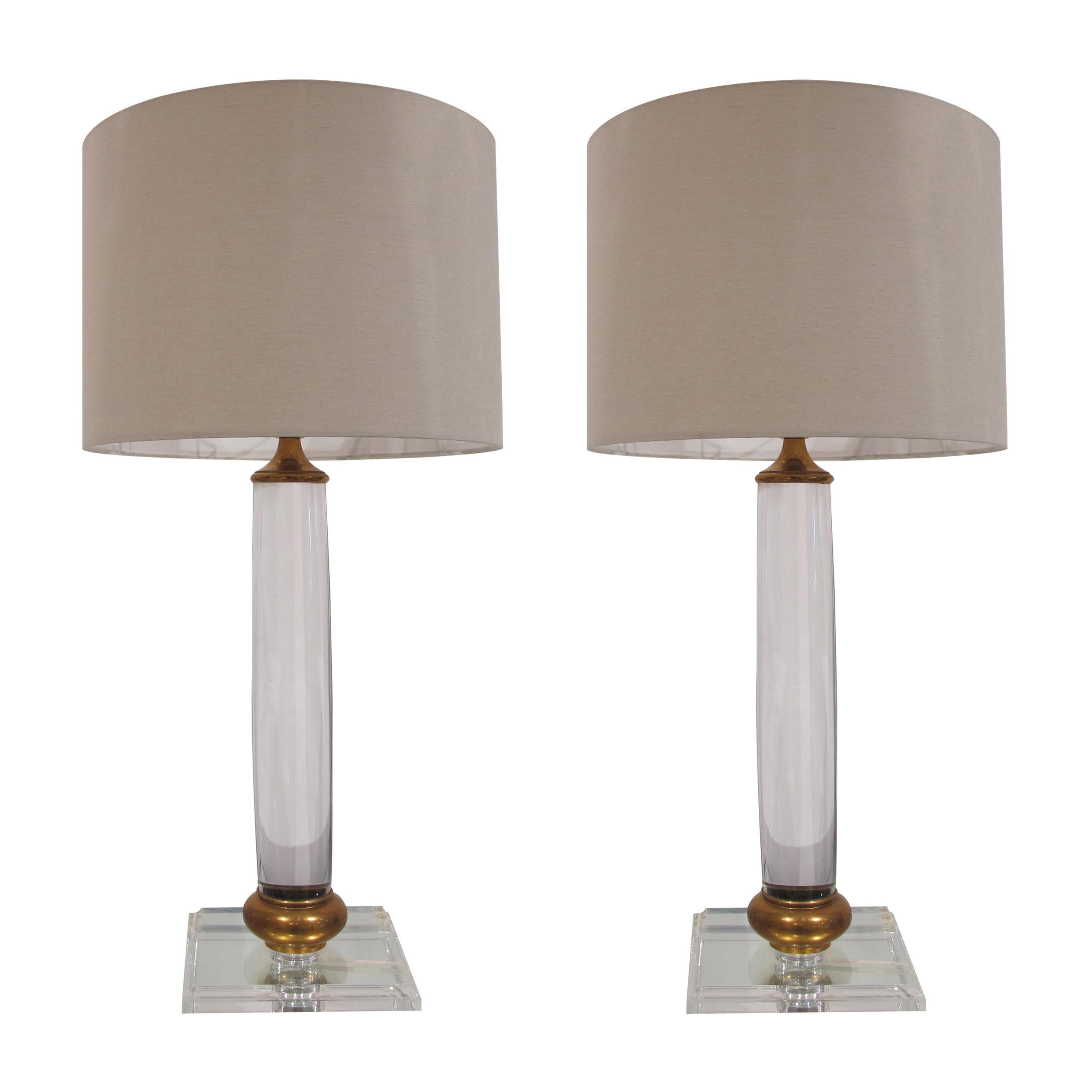 Pair of 1970s Cylindrical Italian Lucite And Brass Square Base Table Lamps