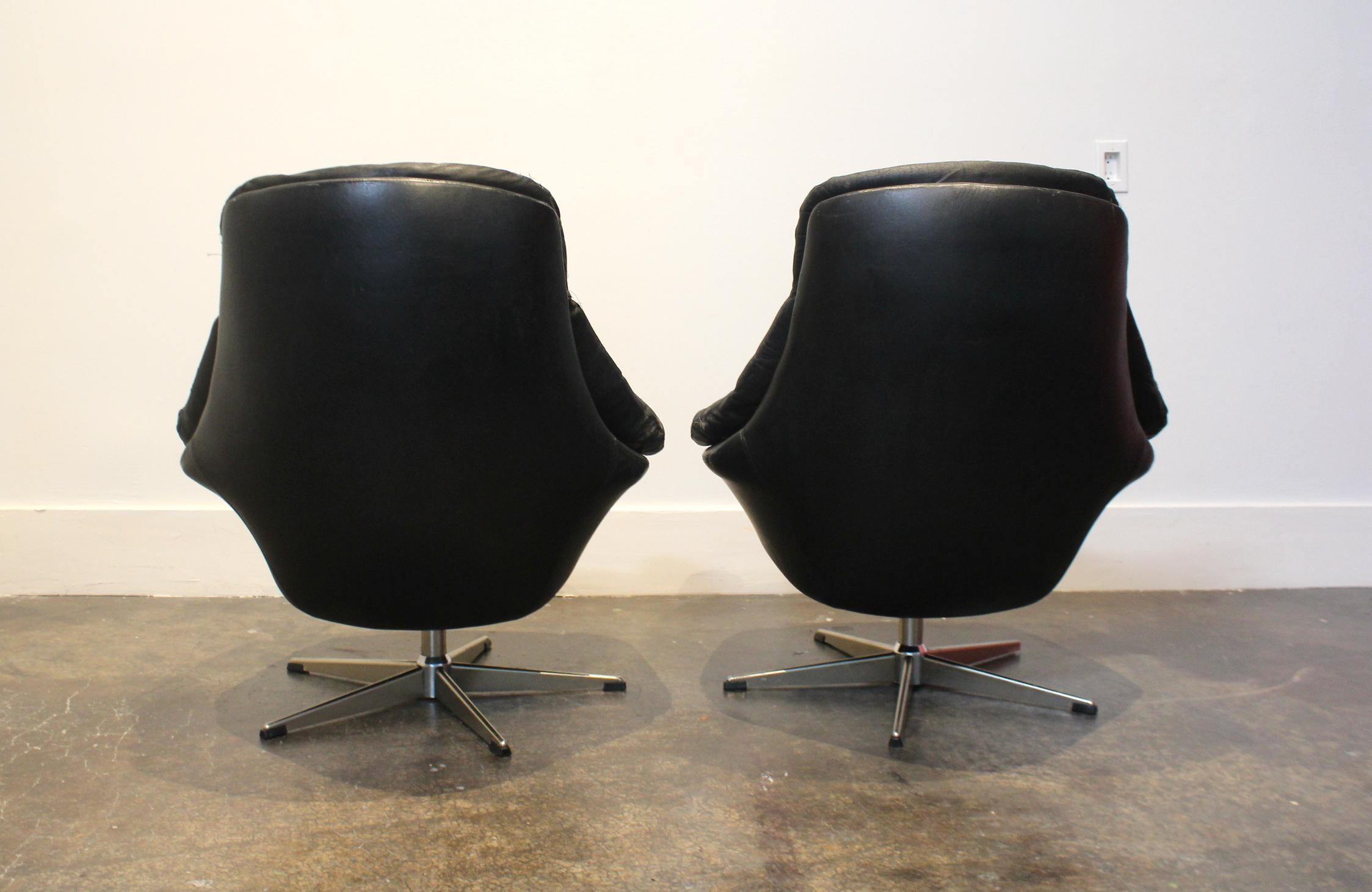 Pair of 1970s Danish Leather Lounge Chairs and Ottoman by H.W. Klein for Bramin 1