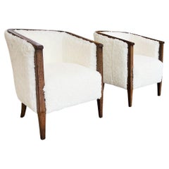 Pair of 1970s Danish Oak Tub Chairs in Shearling