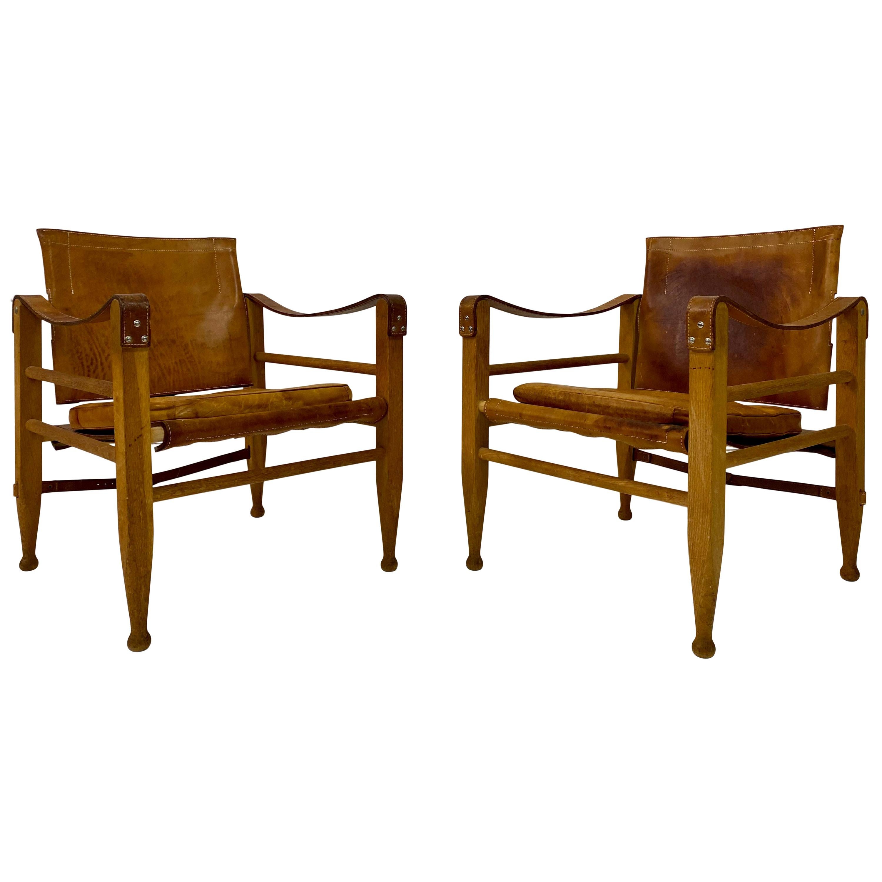 Pair of 1970s Danish Safari Chairs in Oak and Leather