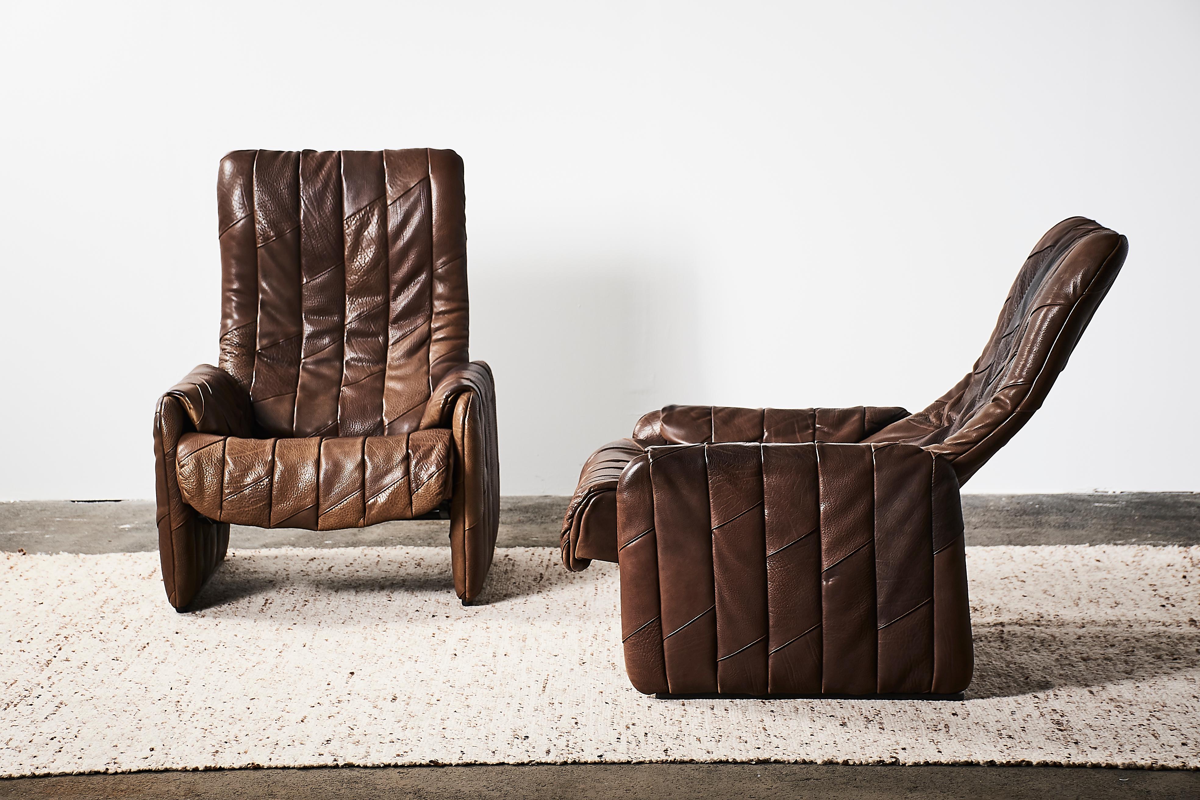 Mid-Century Modern Pair of 1970s De Sede Patchwork Buffalo Leather Reclining Lounge Chairs DS-50