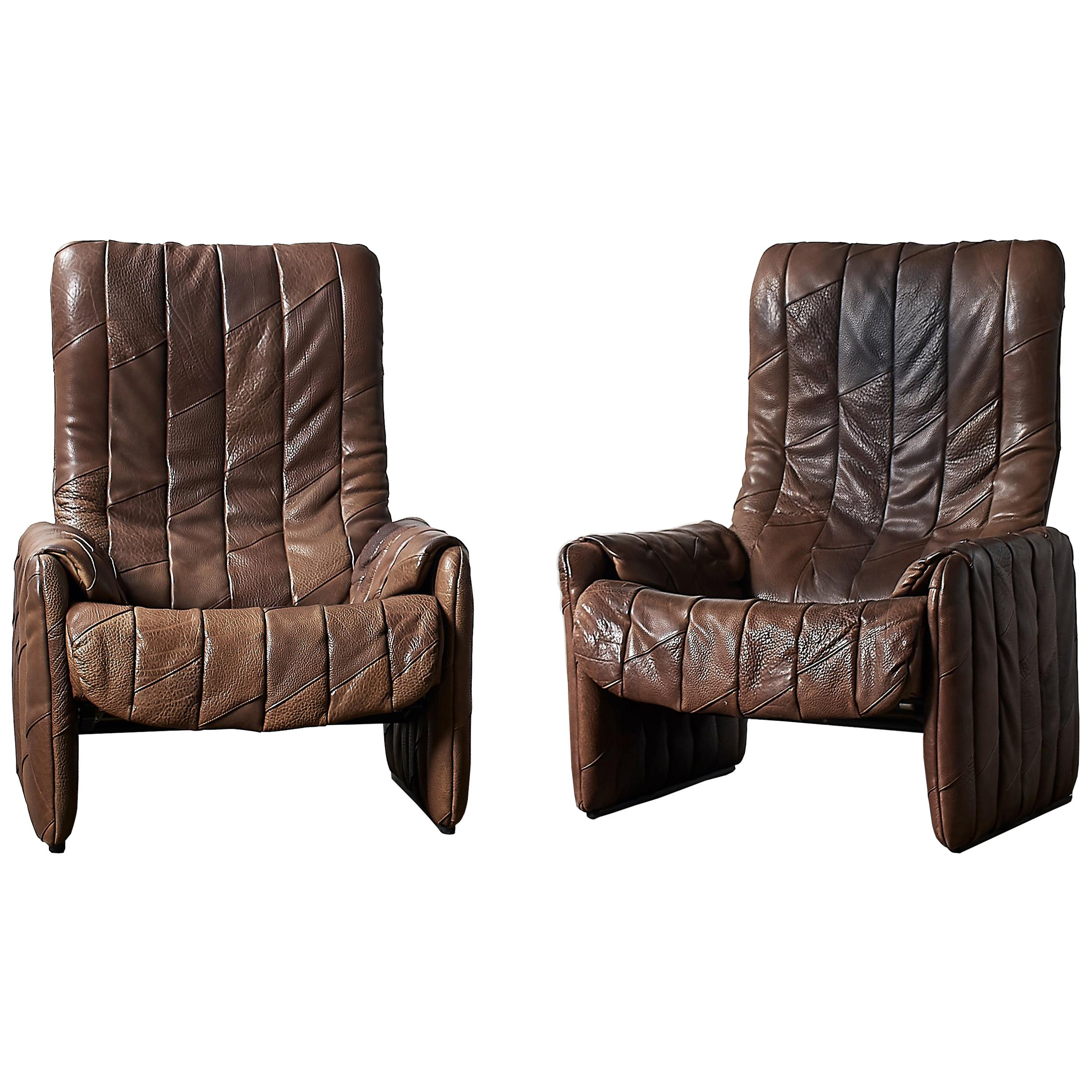 Pair of 1970s De Sede Patchwork Buffalo Leather Reclining Lounge Chairs DS-50