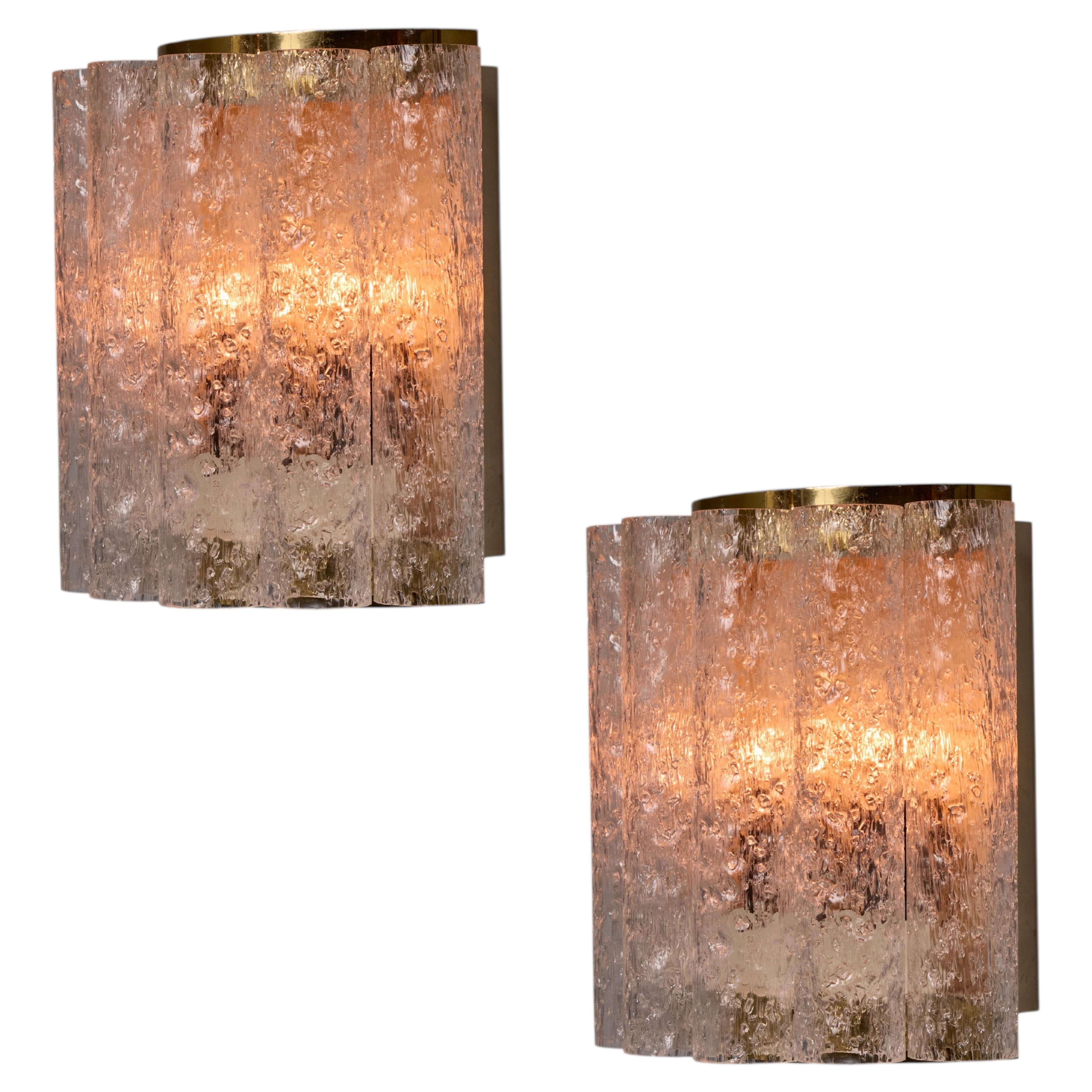Pair of 1970s Doria Leuchten Brass and Ice Glass Wall Lamps