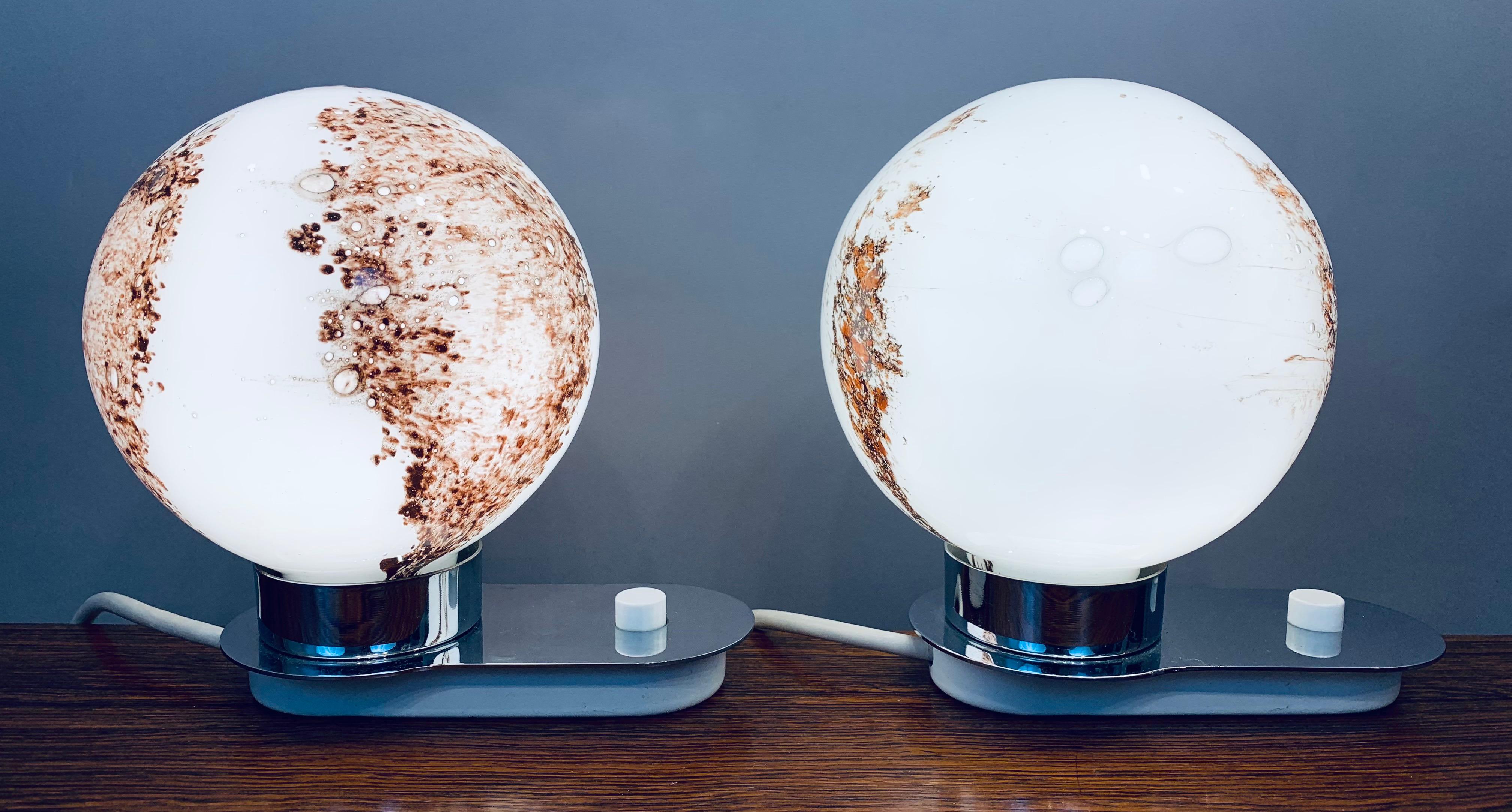 German Pair of 1970s Doria Leuchten Glass Brown & White Globe and Chrome Table Lamps