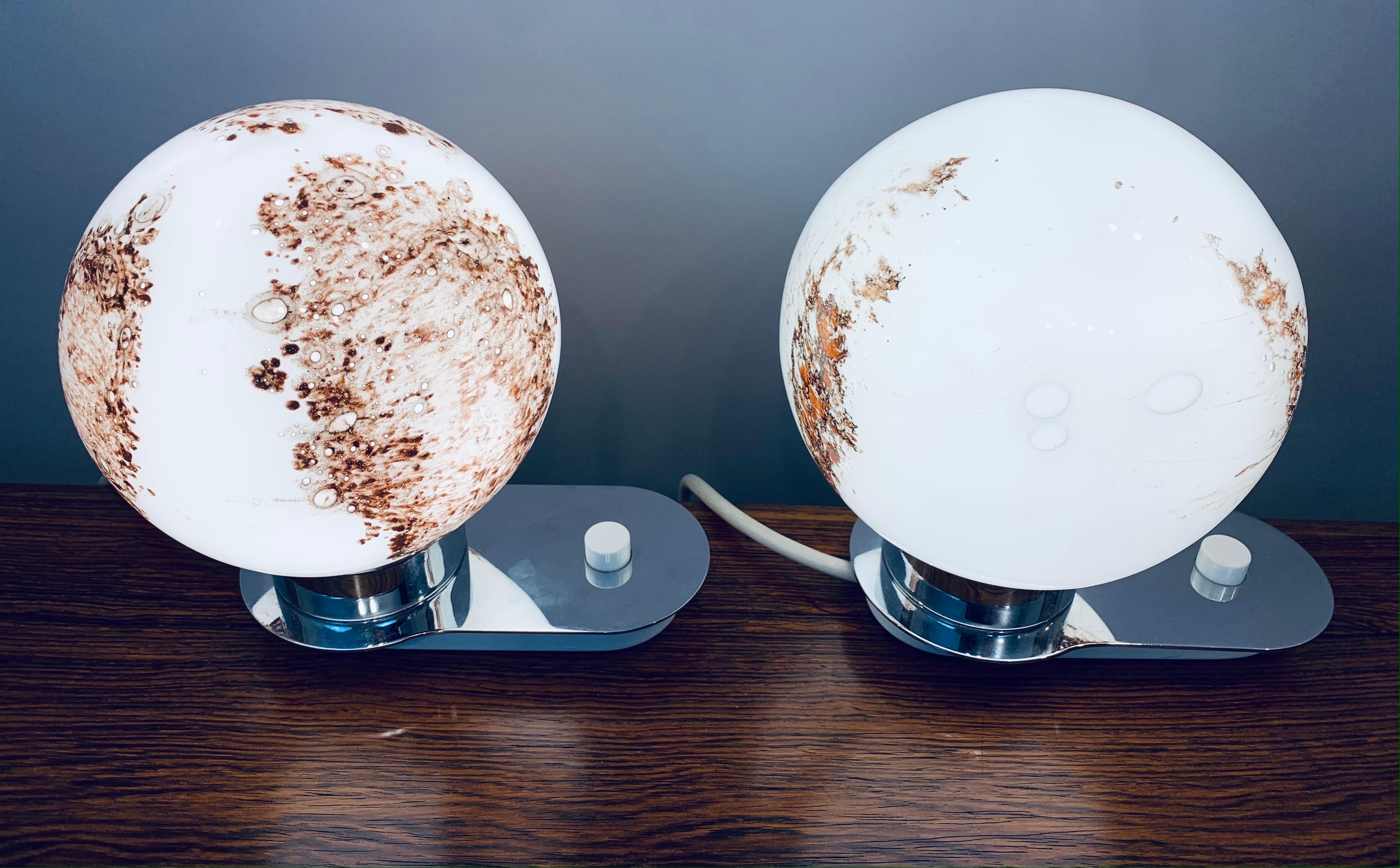 Pair of 1970s Doria Leuchten Glass Brown & White Globe and Chrome Table Lamps In Good Condition In London, GB