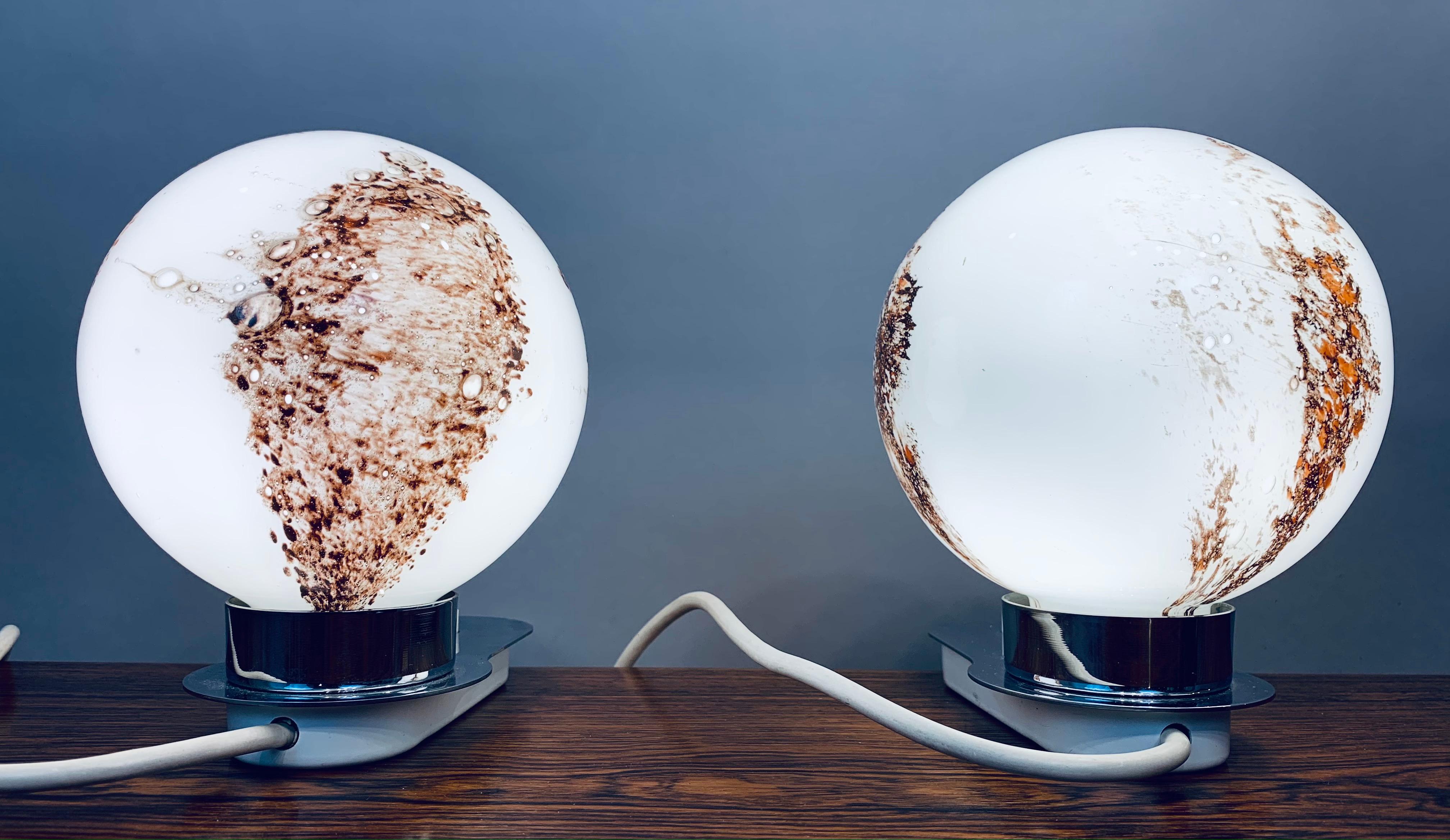 Pair of 1970s Doria Leuchten Glass Brown & White Globe and Chrome Table Lamps 1