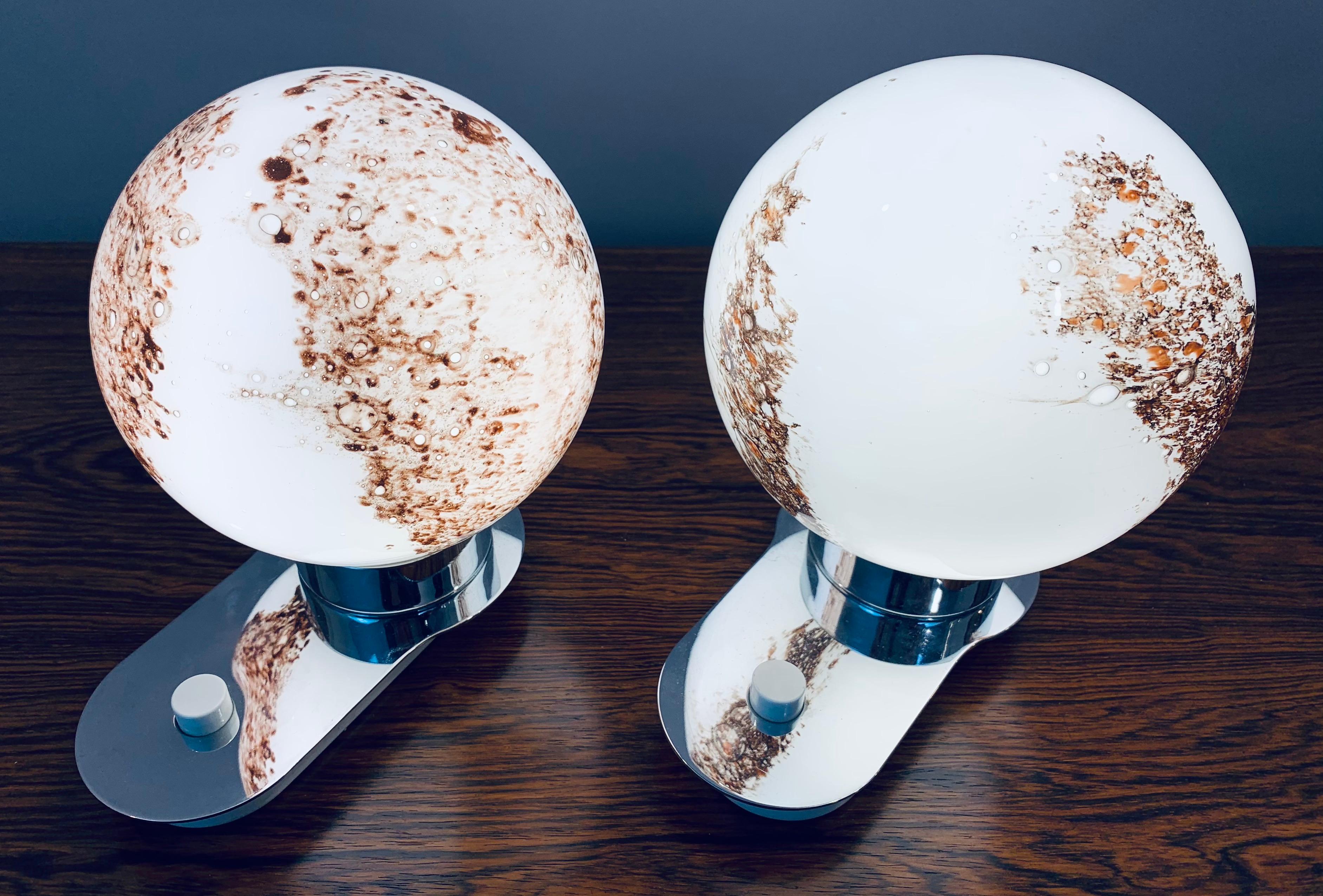 Pair of 1970s Doria Leuchten Glass Brown & White Globe and Chrome Table Lamps 2