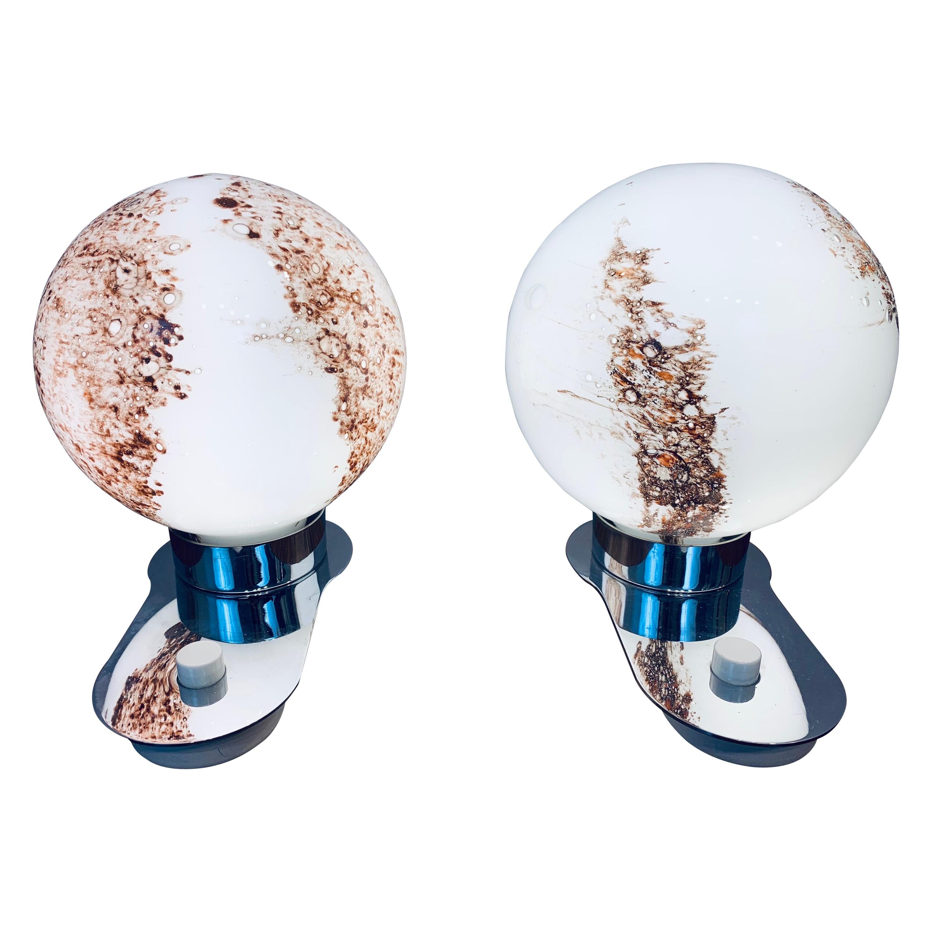Pair of 1970s Doria Leuchten Glass Brown & White Globe and Chrome Table Lamps
