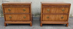 Pair of 1970s Drexel Heritage Hollywood Regency Burlwood & Brass Nightstands