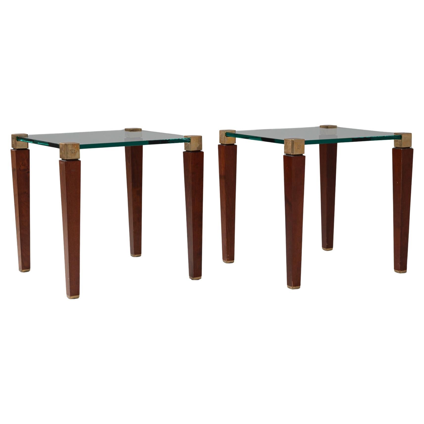 Coppia di tavolini quadrati in vetro e ottone di Peter Ghyczy, olandesi, degli anni
70