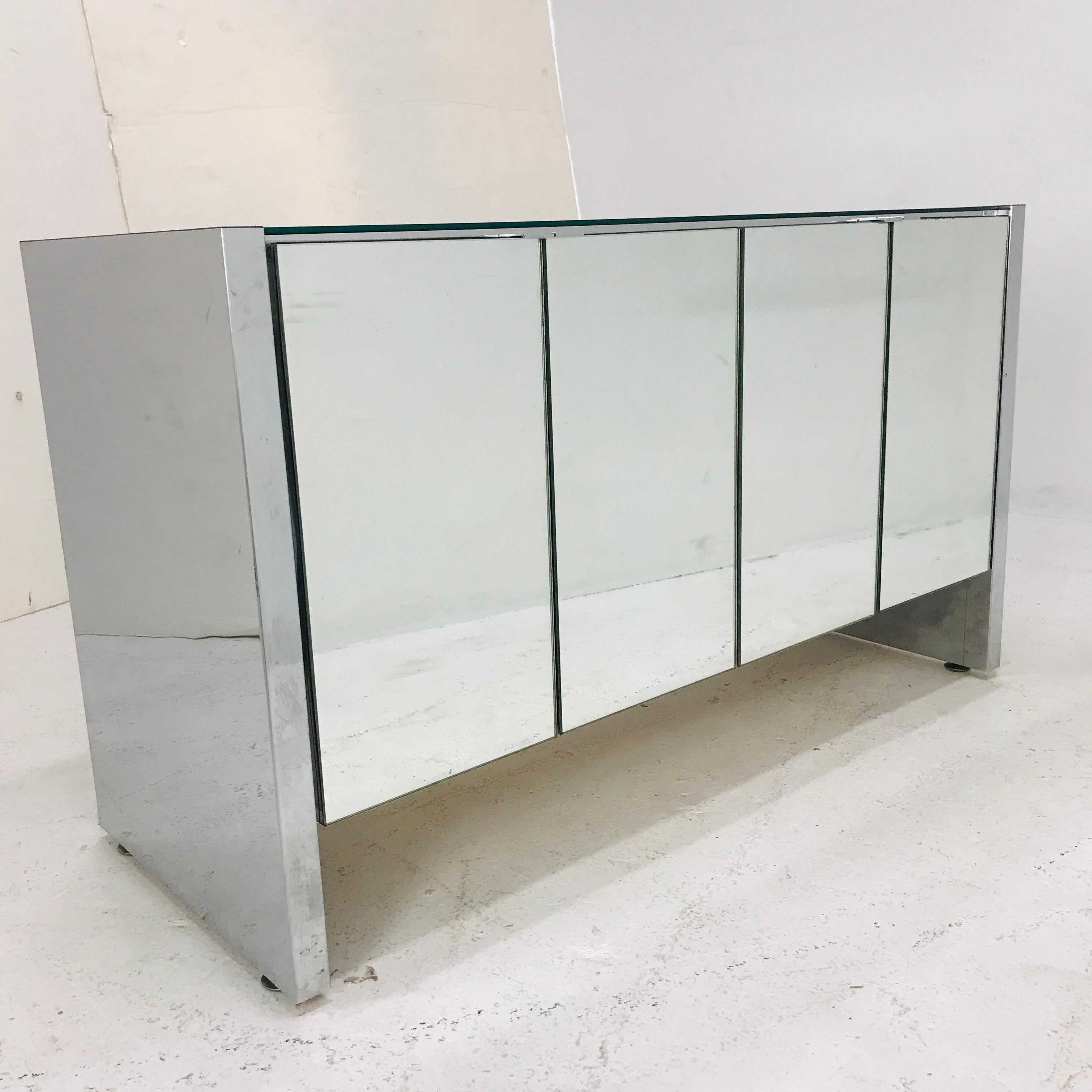 American Pair of 1970s Ello Cabinets in Chrome and Mirror