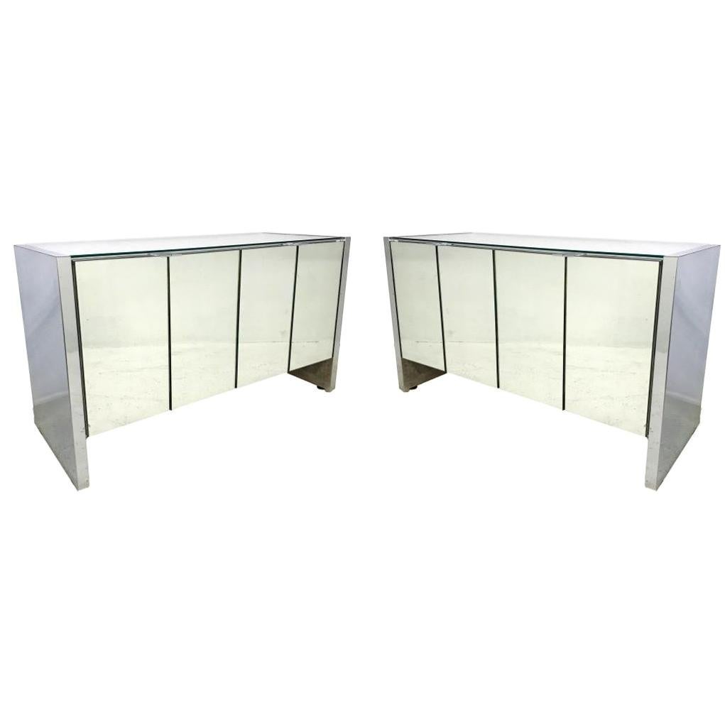 Pair of 1970s Ello Cabinets in Chrome and Mirror